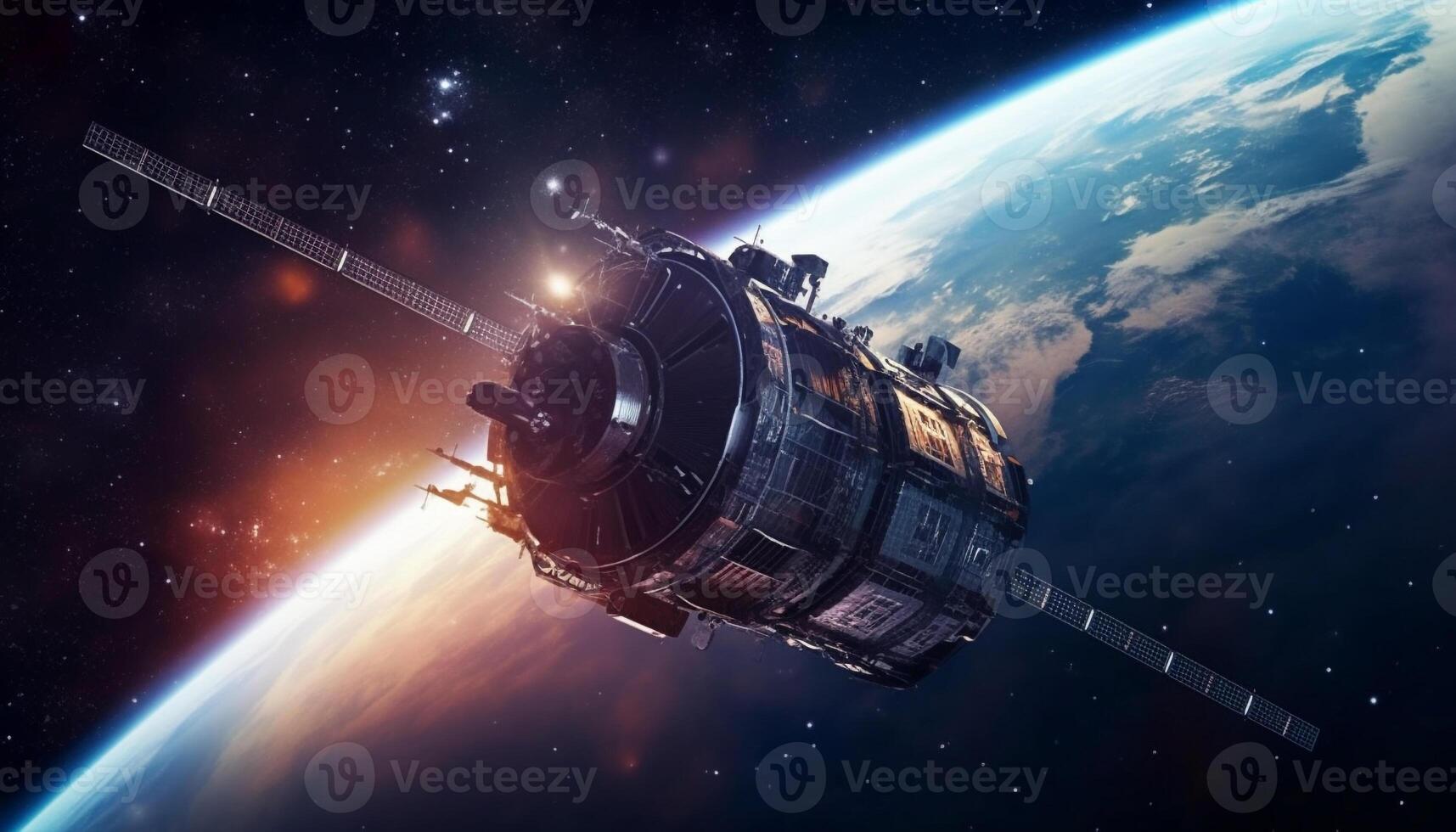Futuristic spaceship explores star field, orbiting planet in outer space generated by AI photo