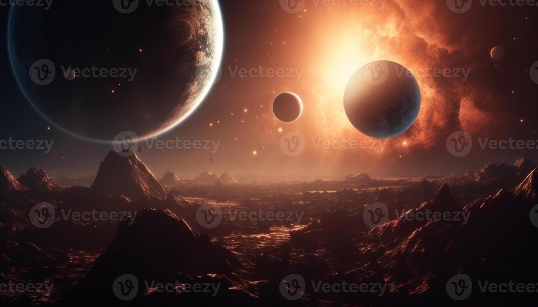 Spaceship orbits glowing nebula in star filled galaxy, a fantasy illustration generated by AI photo
