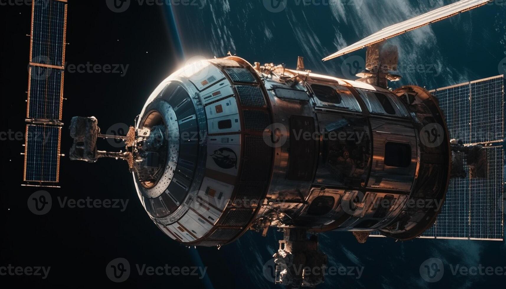 Futuristic spaceship propels through galaxy, powered by modern technology generated by AI photo