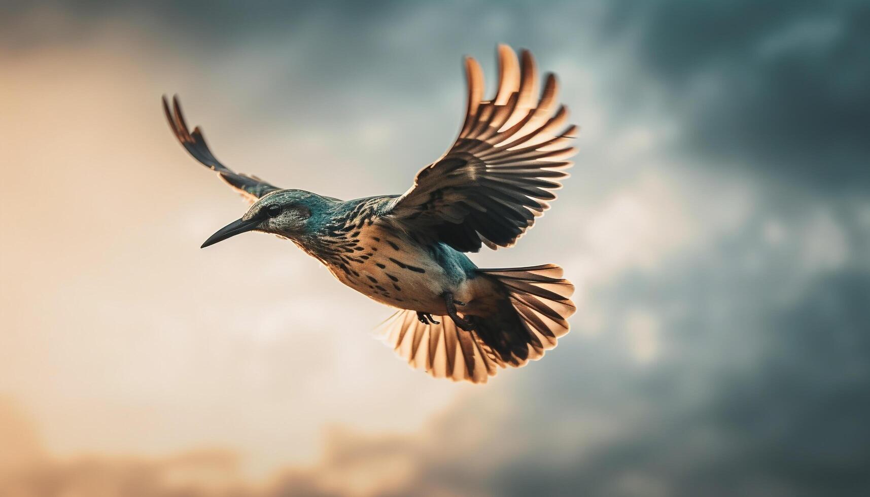 A male starling flying mid air, spreading iridescent wings in Africa generated by AI photo