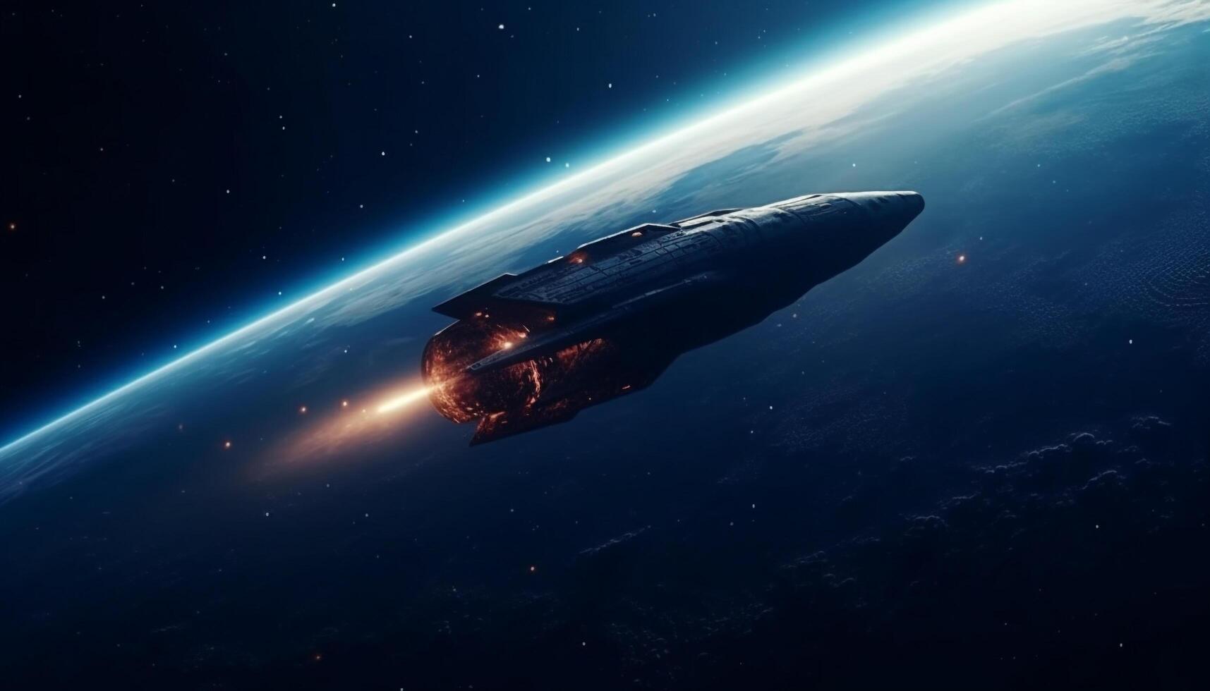 Futuristic spaceship orbits galaxy, exploring deep space with advanced technology generated by AI photo
