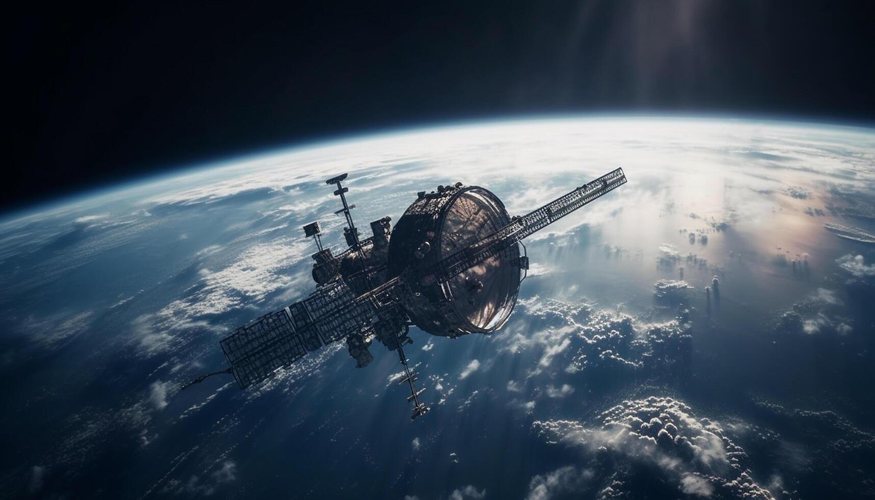 Astronauts explore the galaxy in a futuristic spaceship orbiting Earth generated by AI photo