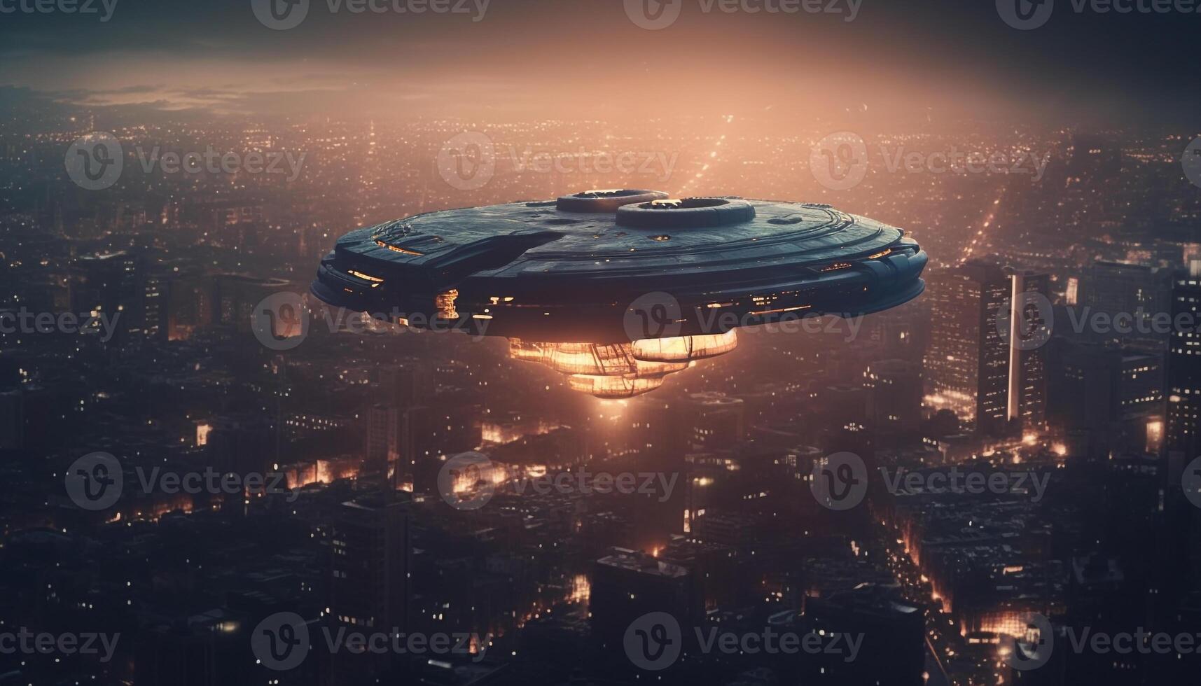 Futuristic spaceship illuminates dark city skyline in digitally generated image generated by AI photo