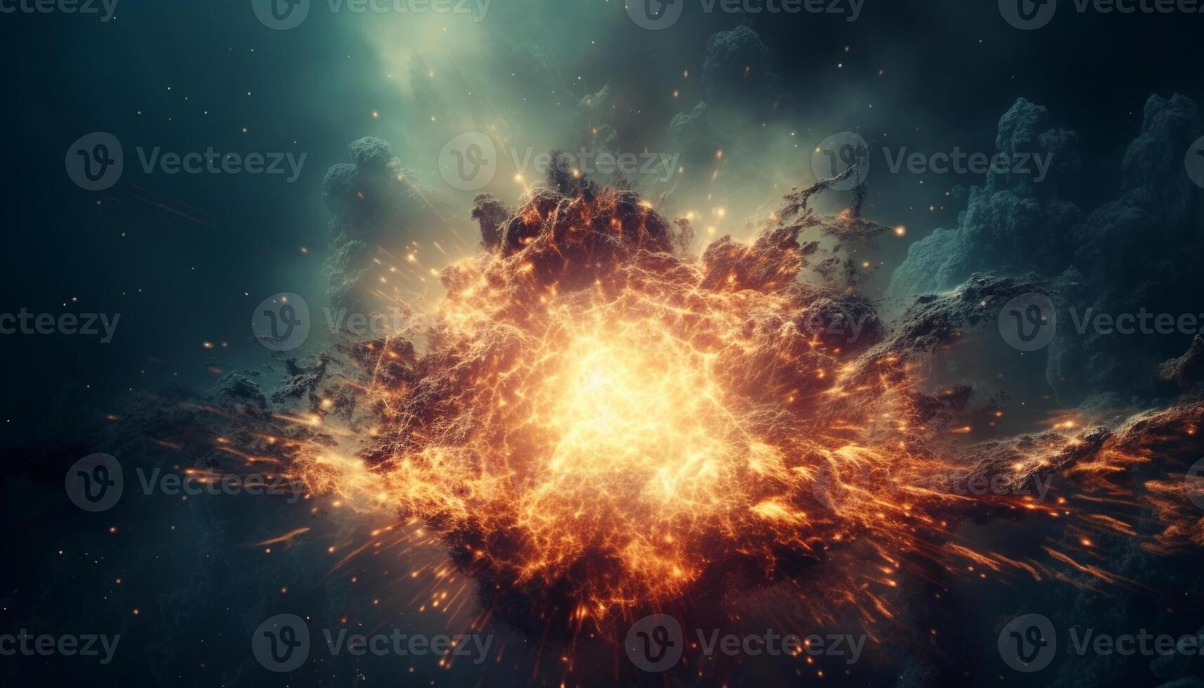 Explosive fireball ignites abstract galaxy backdrop in futuristic illustration generated by AI photo