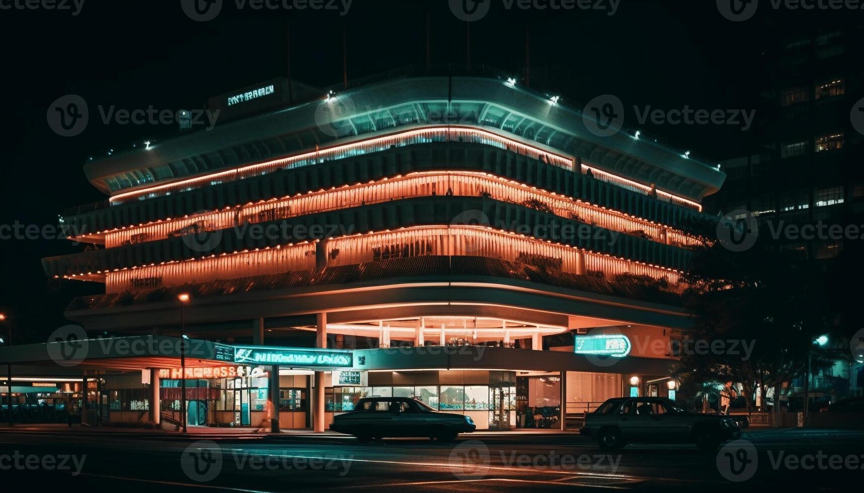 The futuristic car speeds through the illuminated city skyline at night generated by AI photo