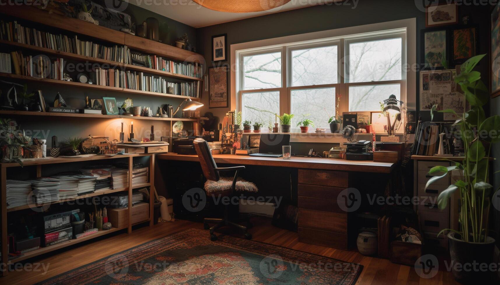 Rustic elegance illuminates comfortable domestic kitchen with old fashioned bookshelf decoration generated by AI photo