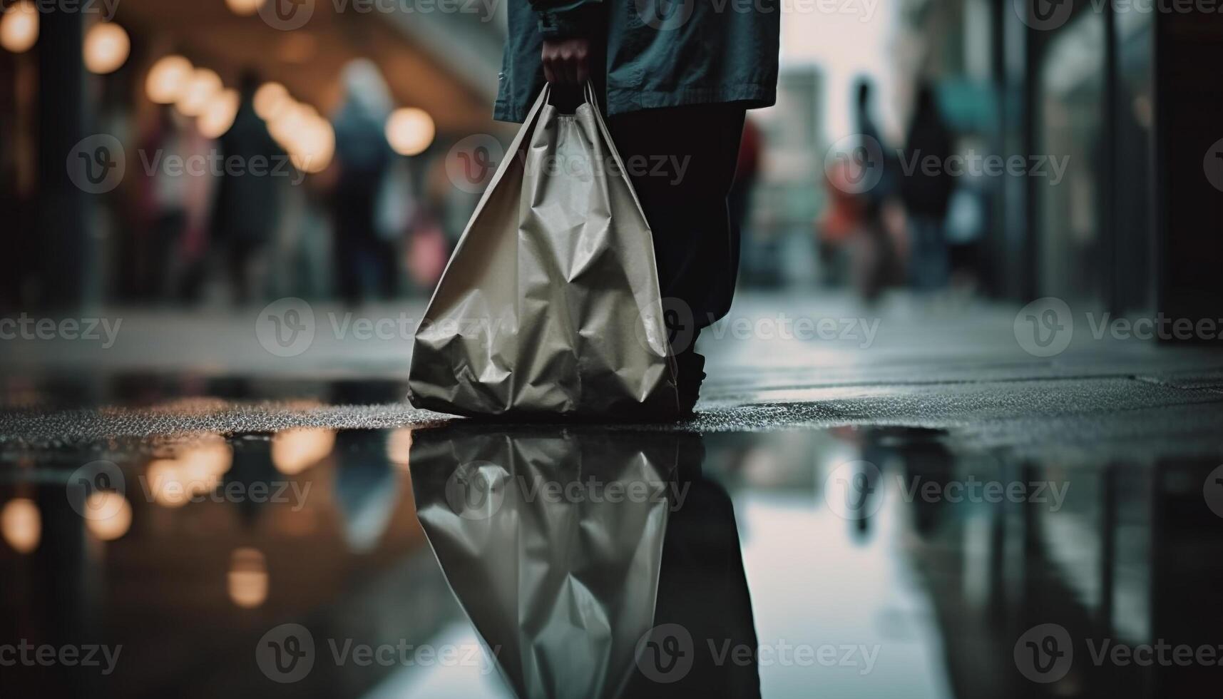 A businessman holding a bag walks on a wet sidewalk generated by AI photo