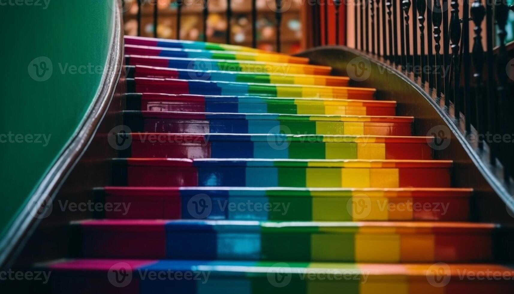 Vibrant multi colored staircase with metal railing, moving up indoors generated by AI photo