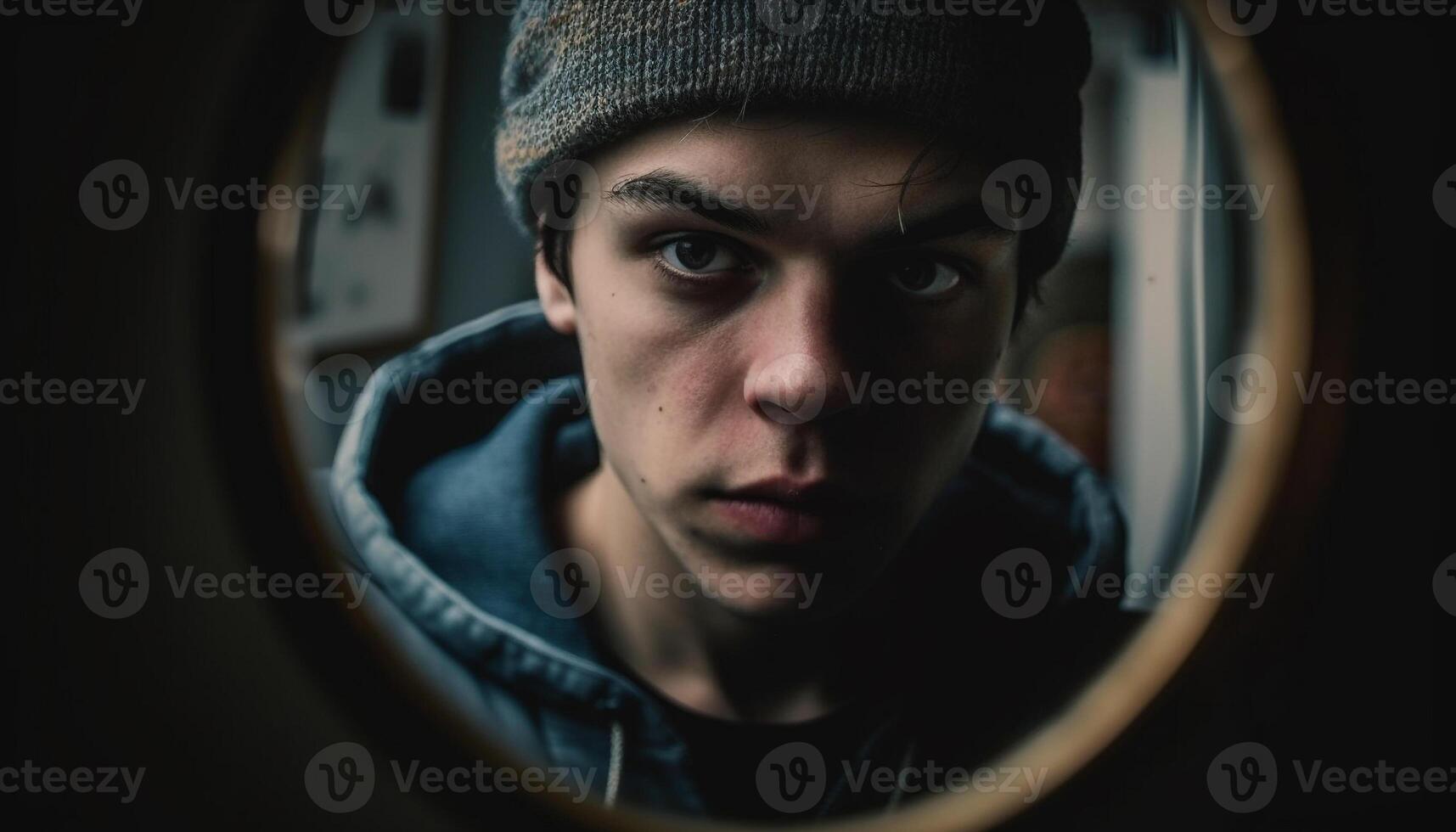One young adult male, serious, looking at camera outdoors generated by AI photo