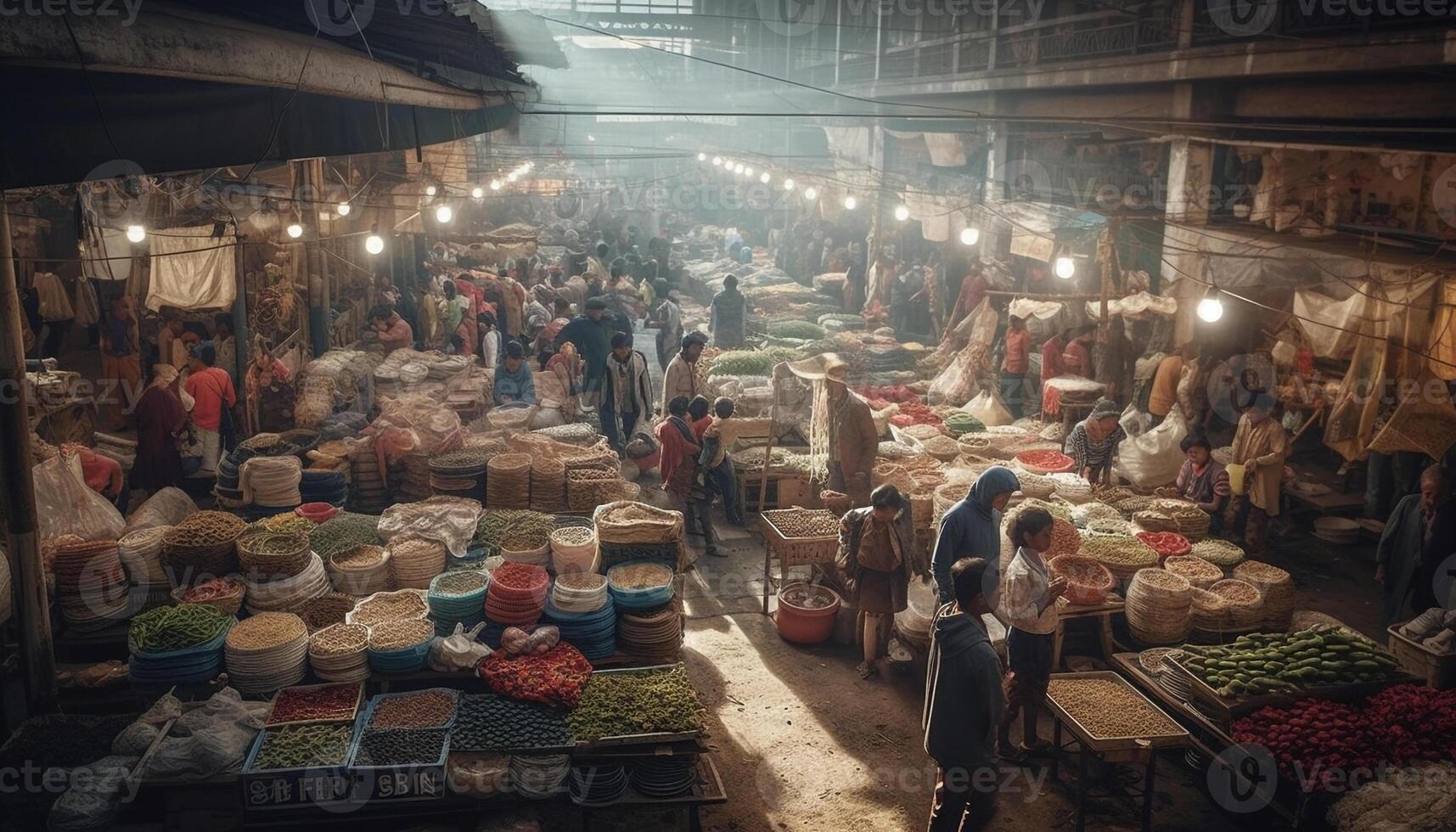 este asiático vendedor vende Fresco comida en concurrido calle mercado generado por ai foto