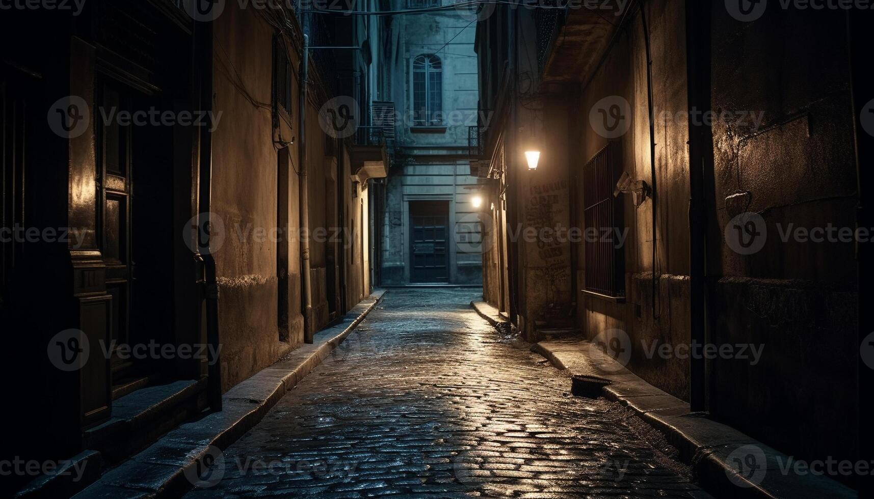 The old architecture illuminated by lanterns creates a spooky cityscape generated by AI photo