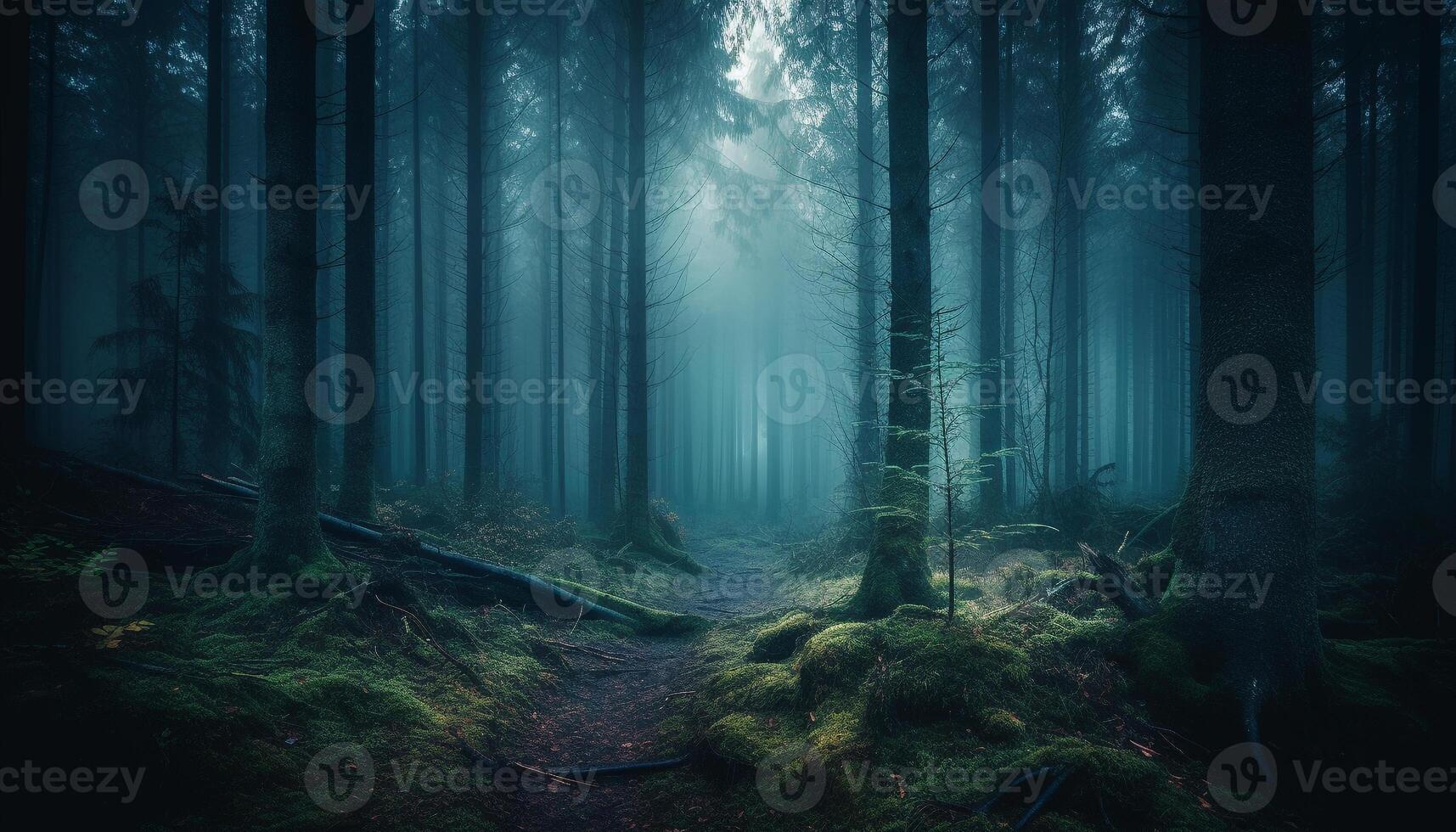 A spooky forest scene with mystery and beauty in nature generated by AI photo
