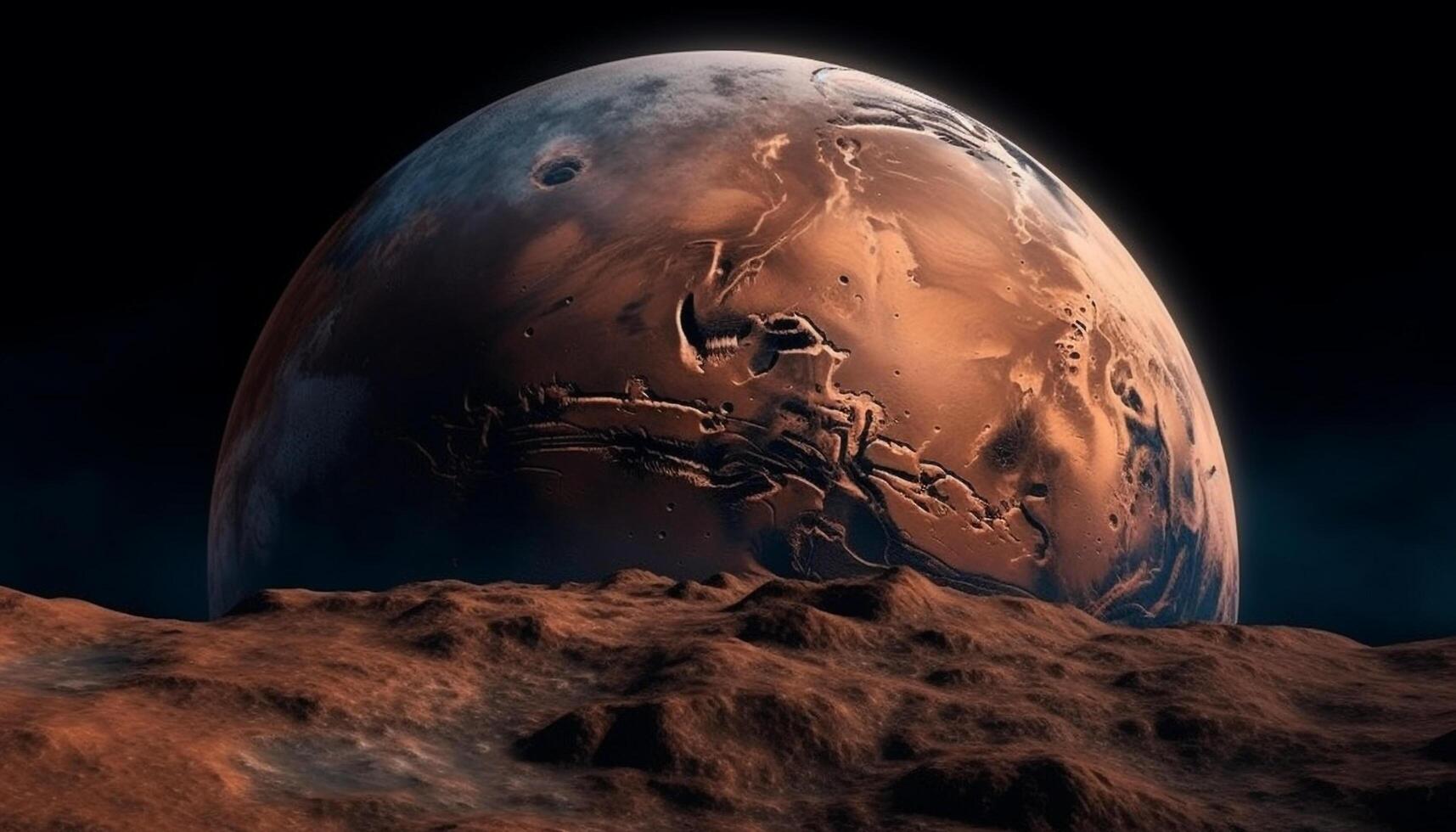 Astronaut orbits sphere in Milky Way galaxy, observing alien landscape generated by AI photo