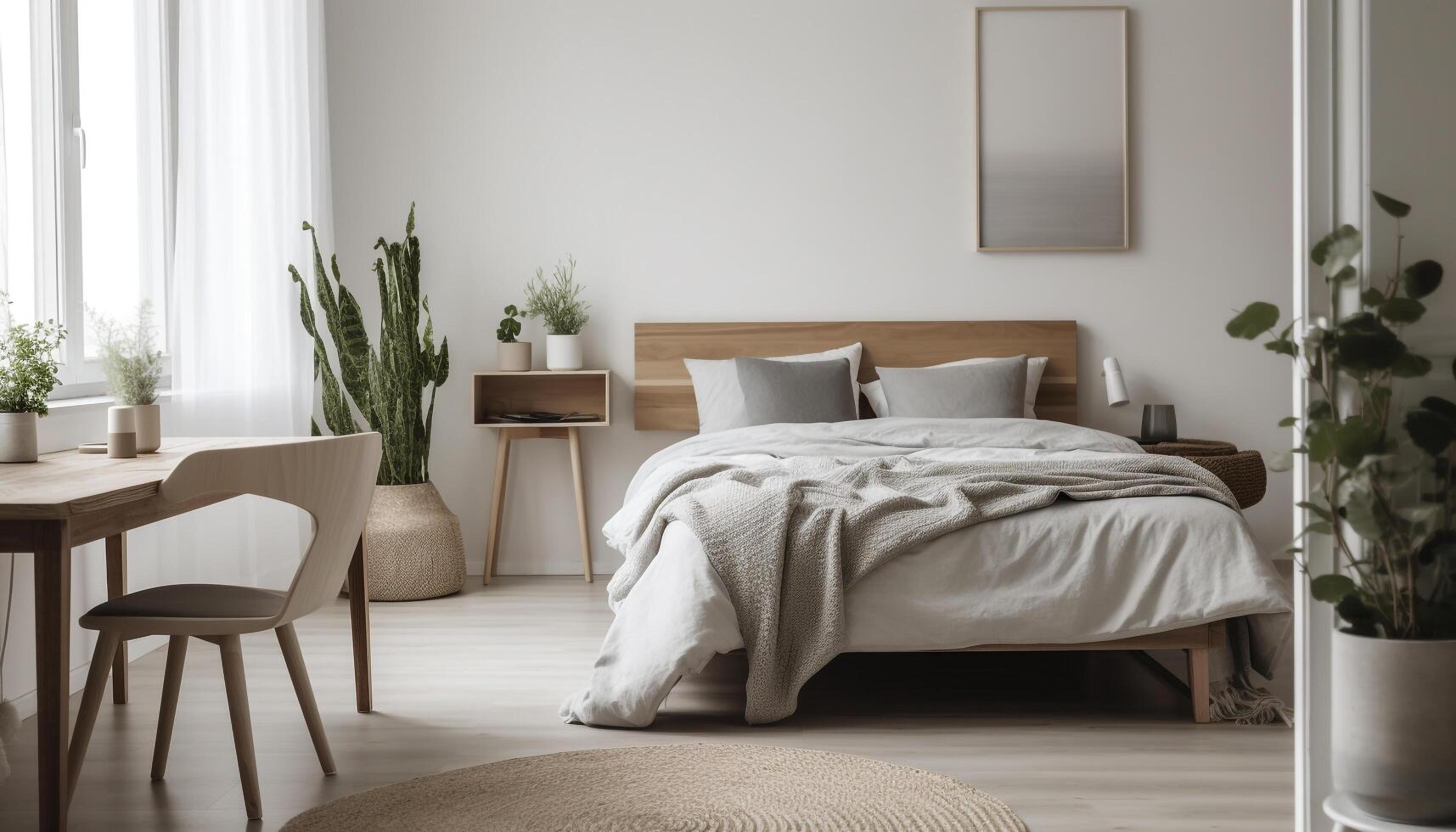 Elegant modern bedroom with comfortable bedding and clean design generated by AI photo