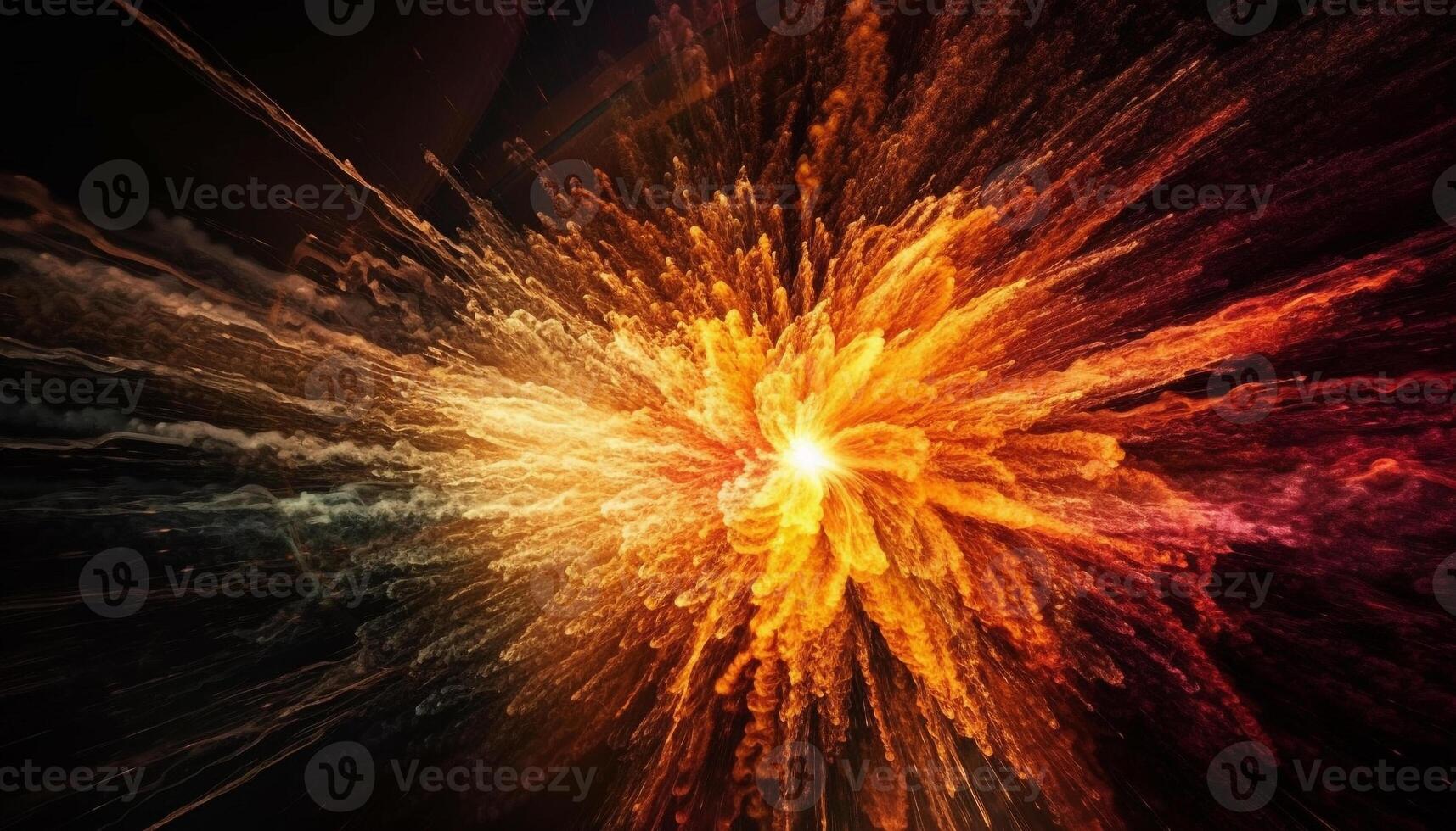 Explosive abstract space backdrop with glowing galaxy and fiery flame generated by AI photo