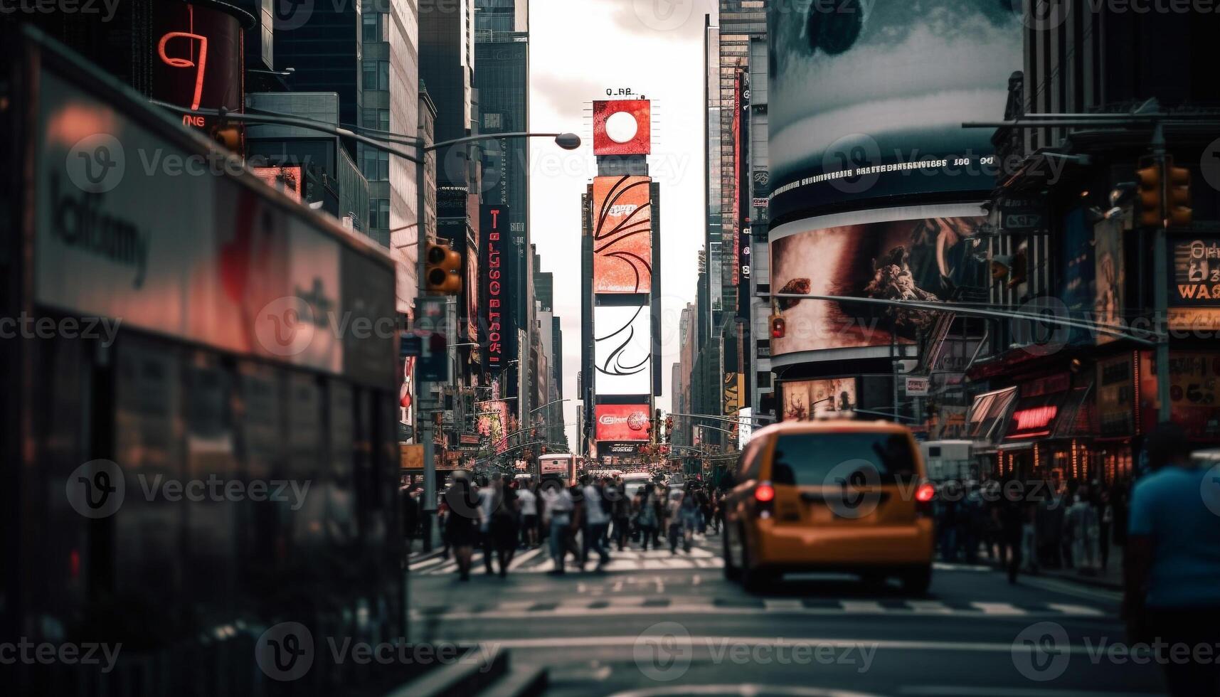 Nighttime rush hour traffic blurs past illuminated skyscrapers and billboards generated by AI photo