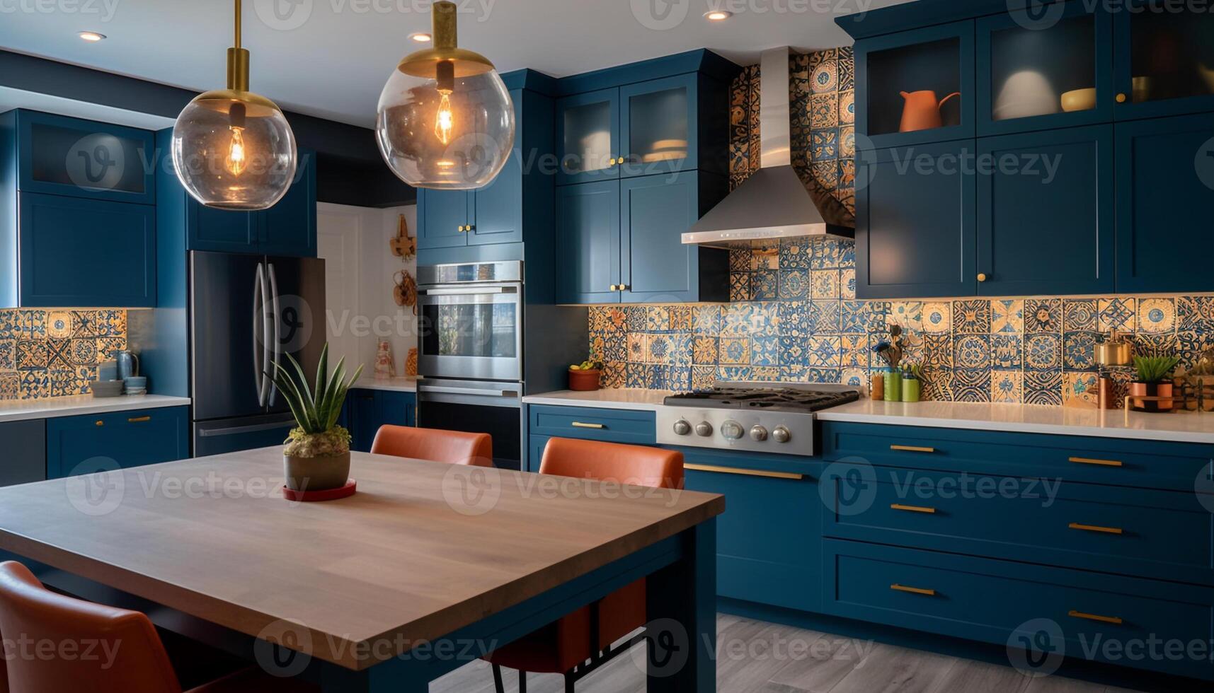 Modern luxury kitchen with elegant design, bright lighting and marble flooring generated by AI photo