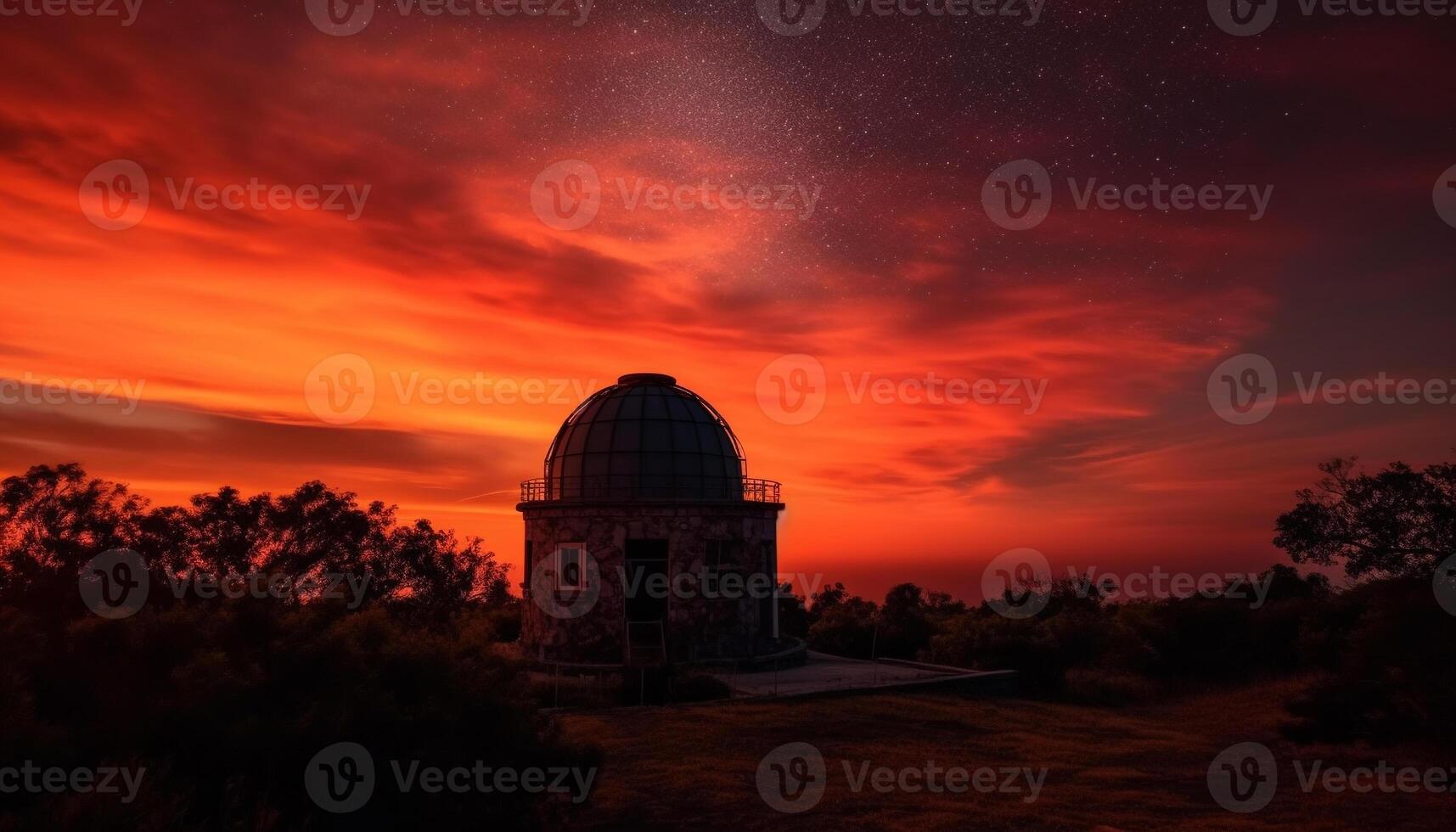 Abandoned old ruin back lit by orange sunset, tranquil beauty generated by AI photo