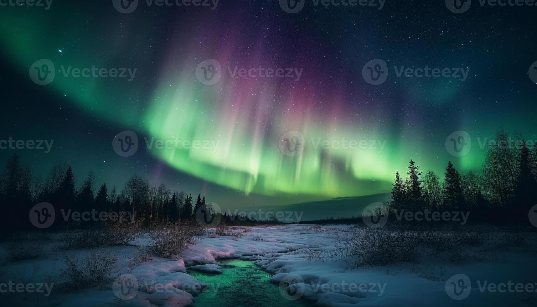 Majestic mountain range illuminated by glowing aurora polaris at night generated by AI photo