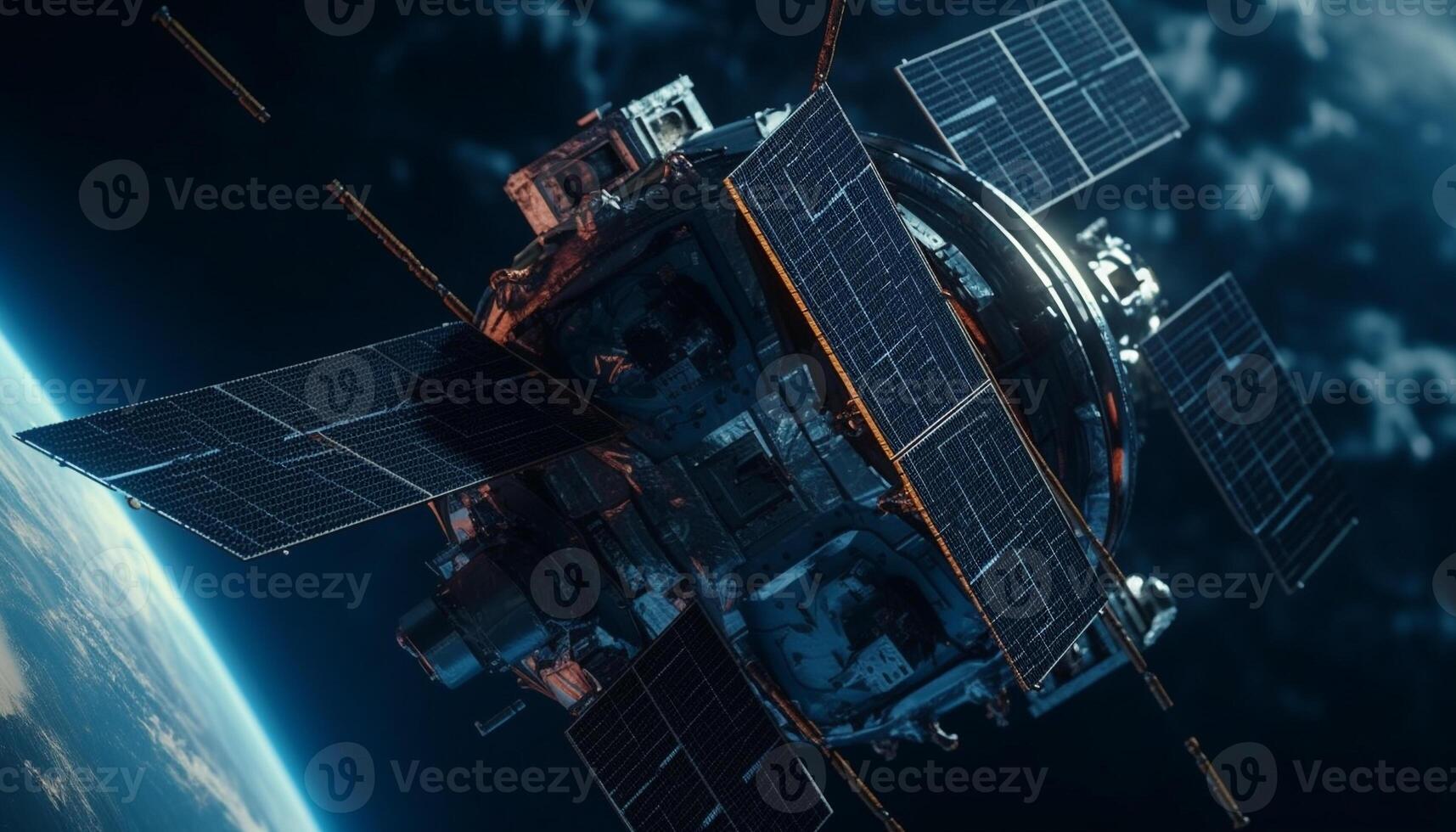 Futuristic spaceship orbits planet, powered by solar panels and fuel generated by AI photo