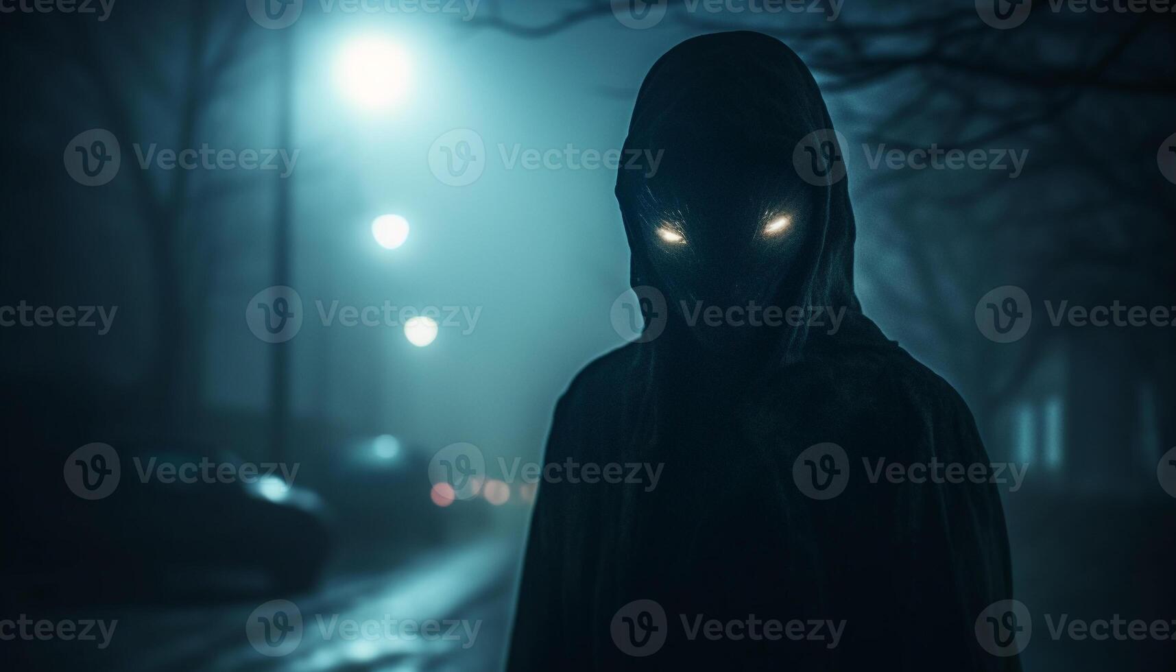 A hooded figure walks alone in the spooky forest at dusk generated by AI photo
