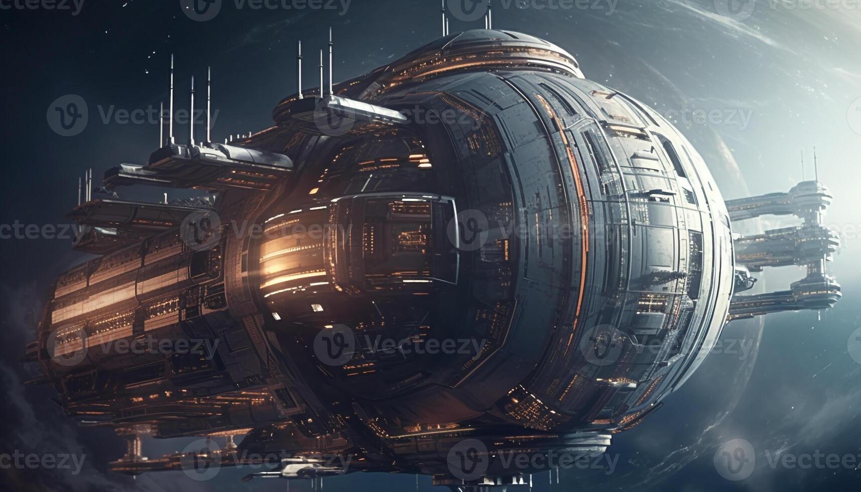 Futuristic spaceship flies over modern cityscape in digitally generated illustration generated by AI photo