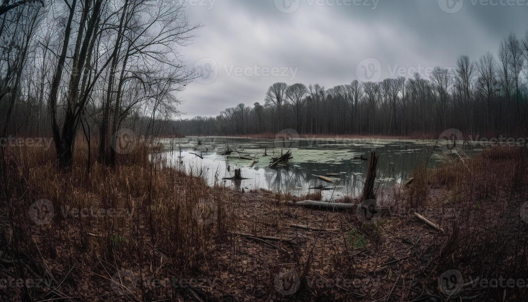 The tranquil scene of the tree trunk reflected in the pond generated by AI photo