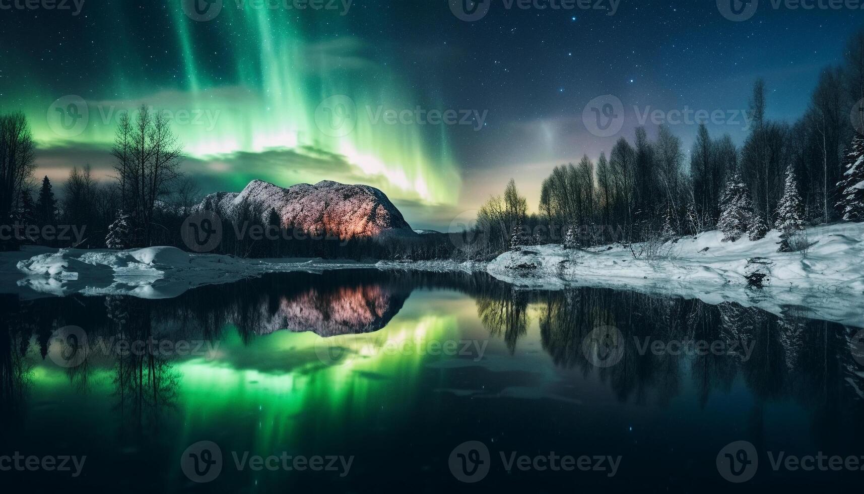Majestic mountain range illuminated by aurora polaris, a tranquil scene generated by AI photo