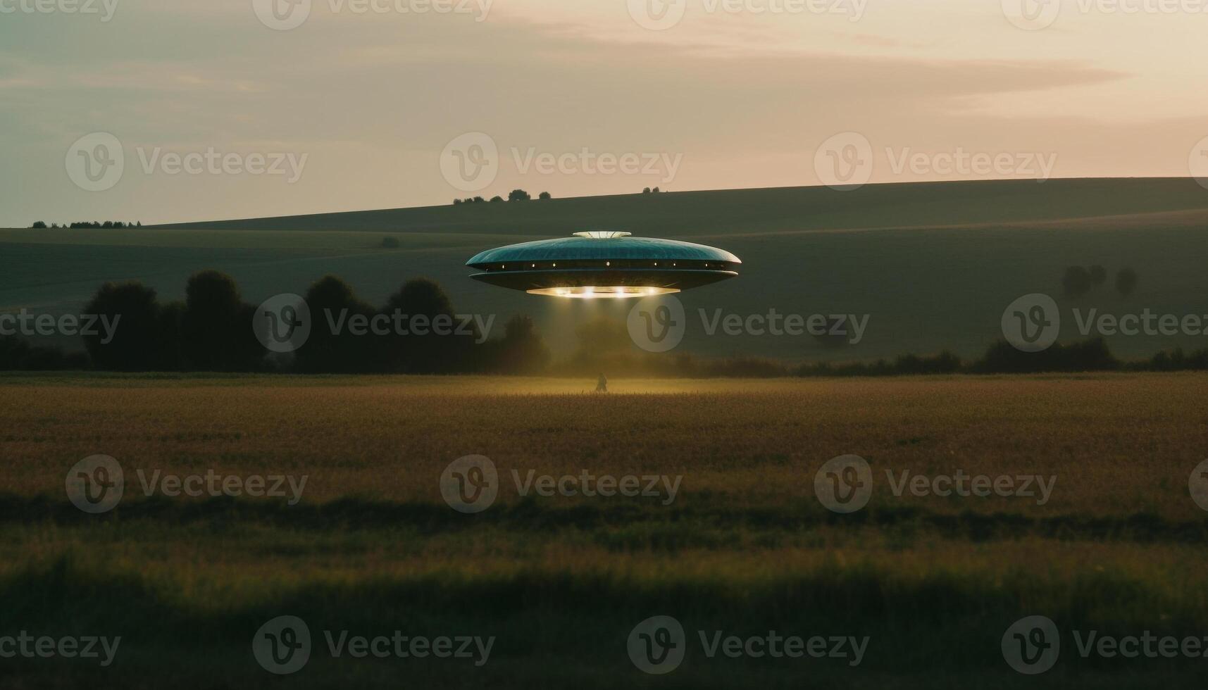 Futuristic spaceship glows in dark nebula, powered by alien technology generated by AI photo