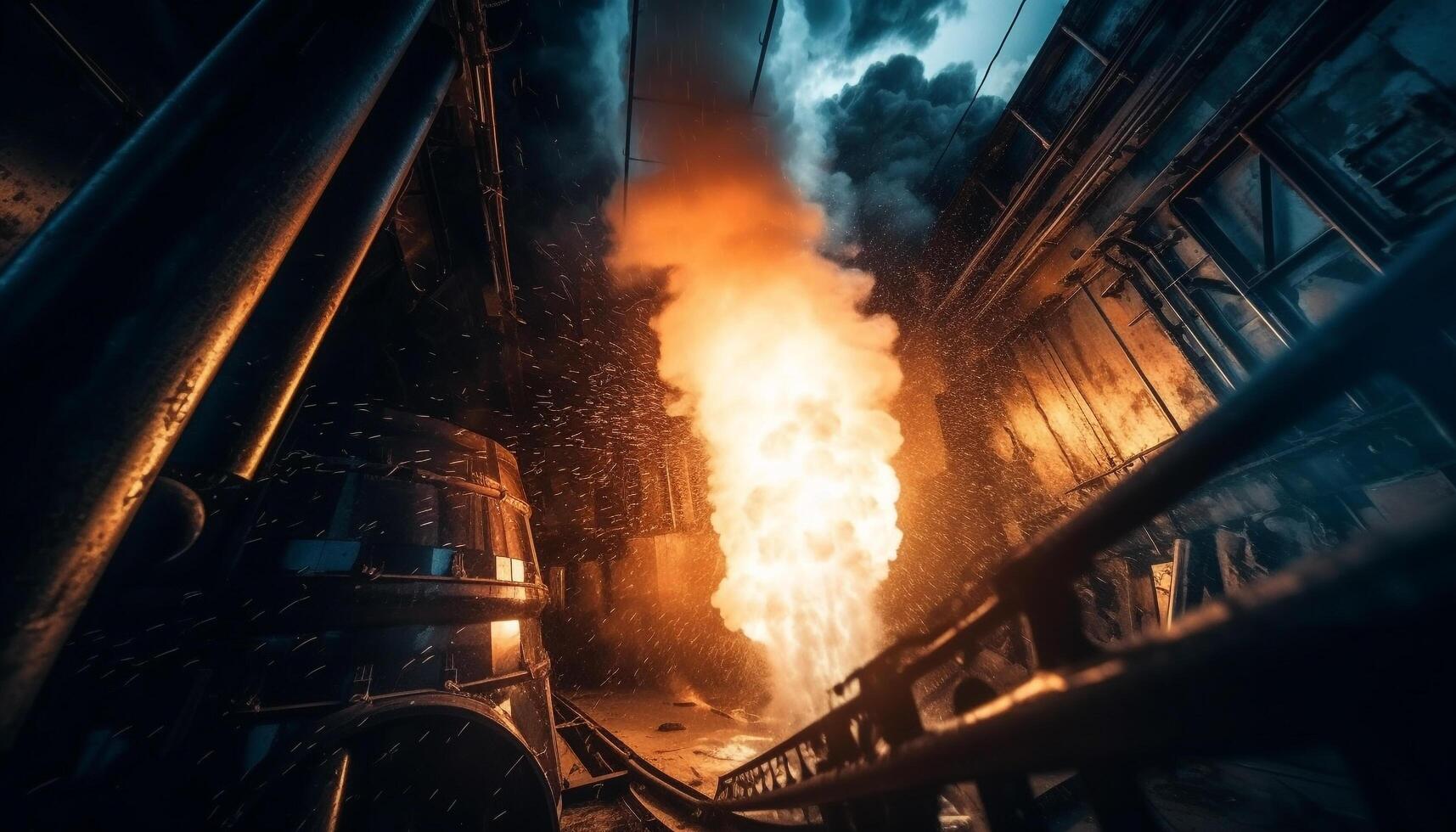 Steel mill workers pouring molten metal, flames exploding, danger present generated by AI photo