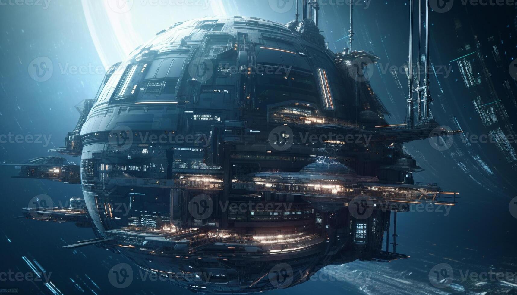 Steel spaceship illuminates futuristic cityscape, designed by engineering architect generated by AI photo