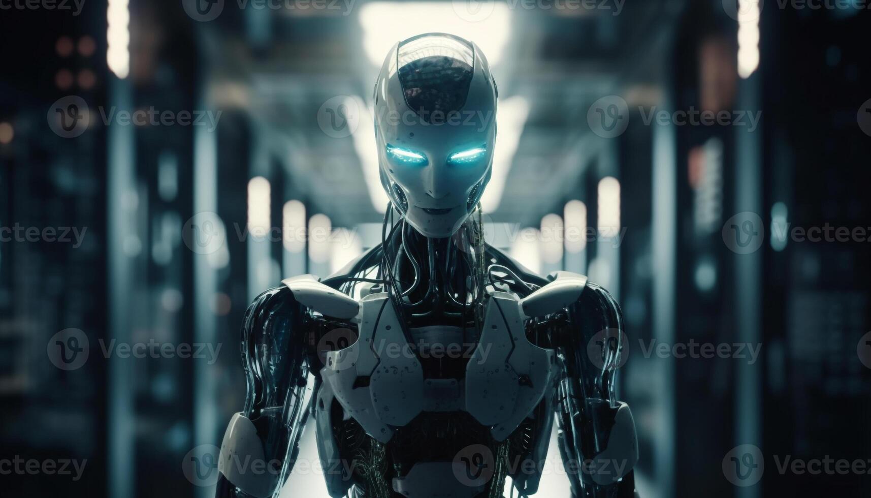 Futuristic cyborg with robotic arm stands illuminated in modern city generated by AI photo