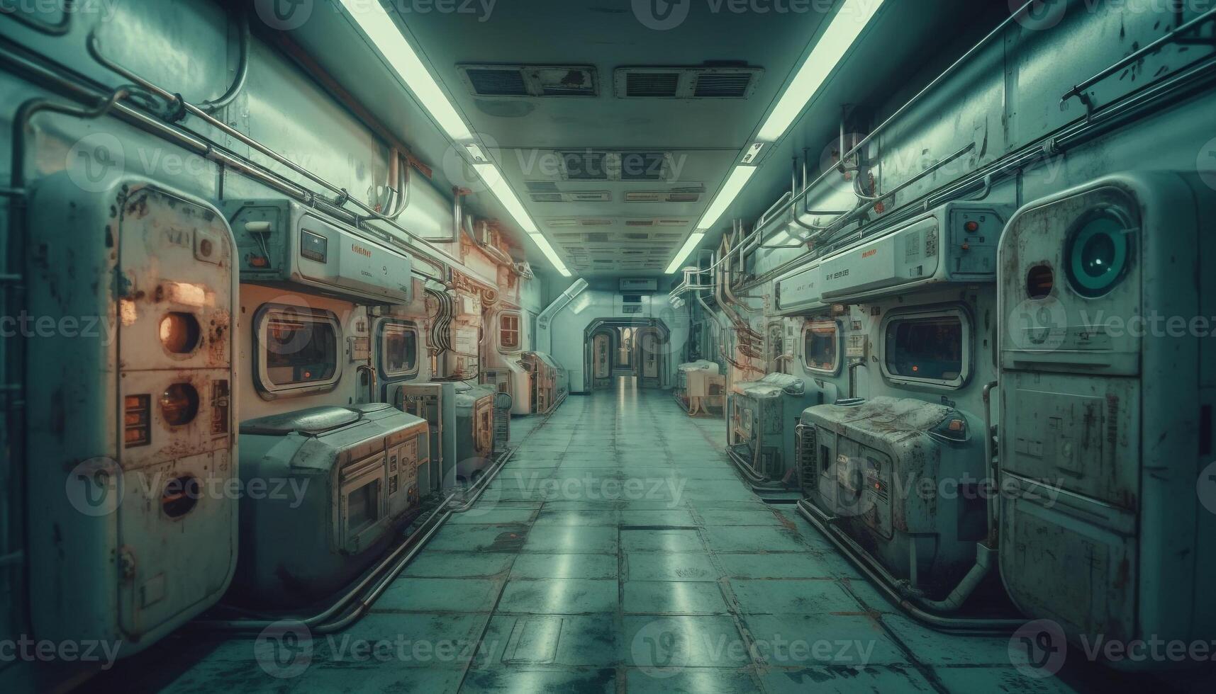 Abandoned factory, old machinery, metal equipment, obsolete industry, empty inside generated by AI photo
