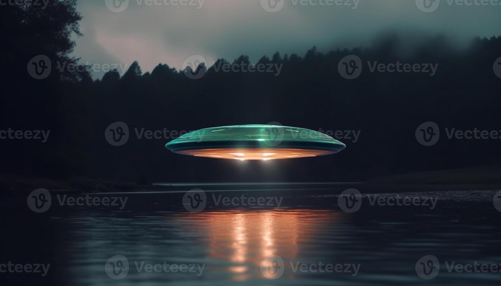 Flying saucer illuminates mysterious landscape in futuristic space adventure generated by AI photo