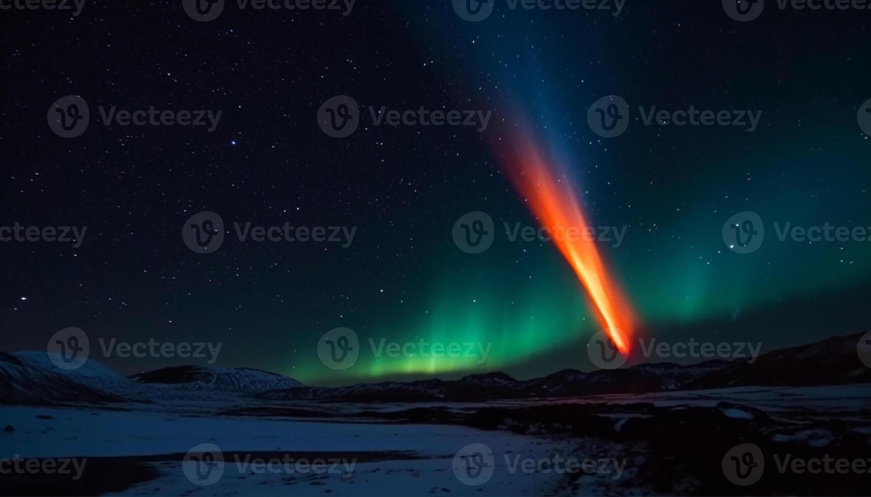 The majestic mountain range illuminated by the glowing star trail generated by AI photo