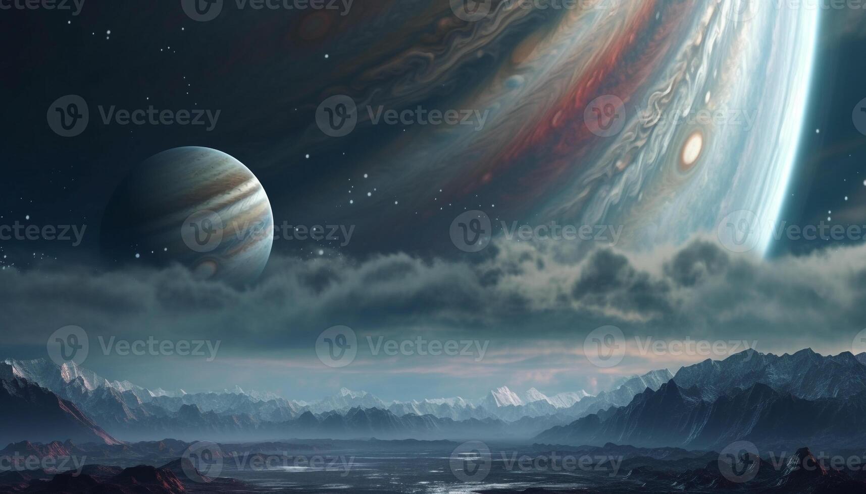Futuristic spaceship orbits planet in glowing galaxy landscape adventure generated by AI photo