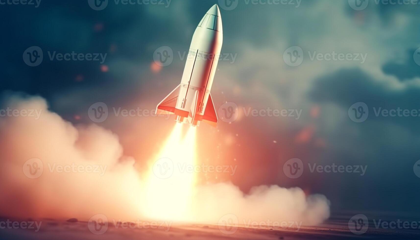 Futuristic spaceship takes off into the sunset, exploring natural phenomenon generated by AI photo