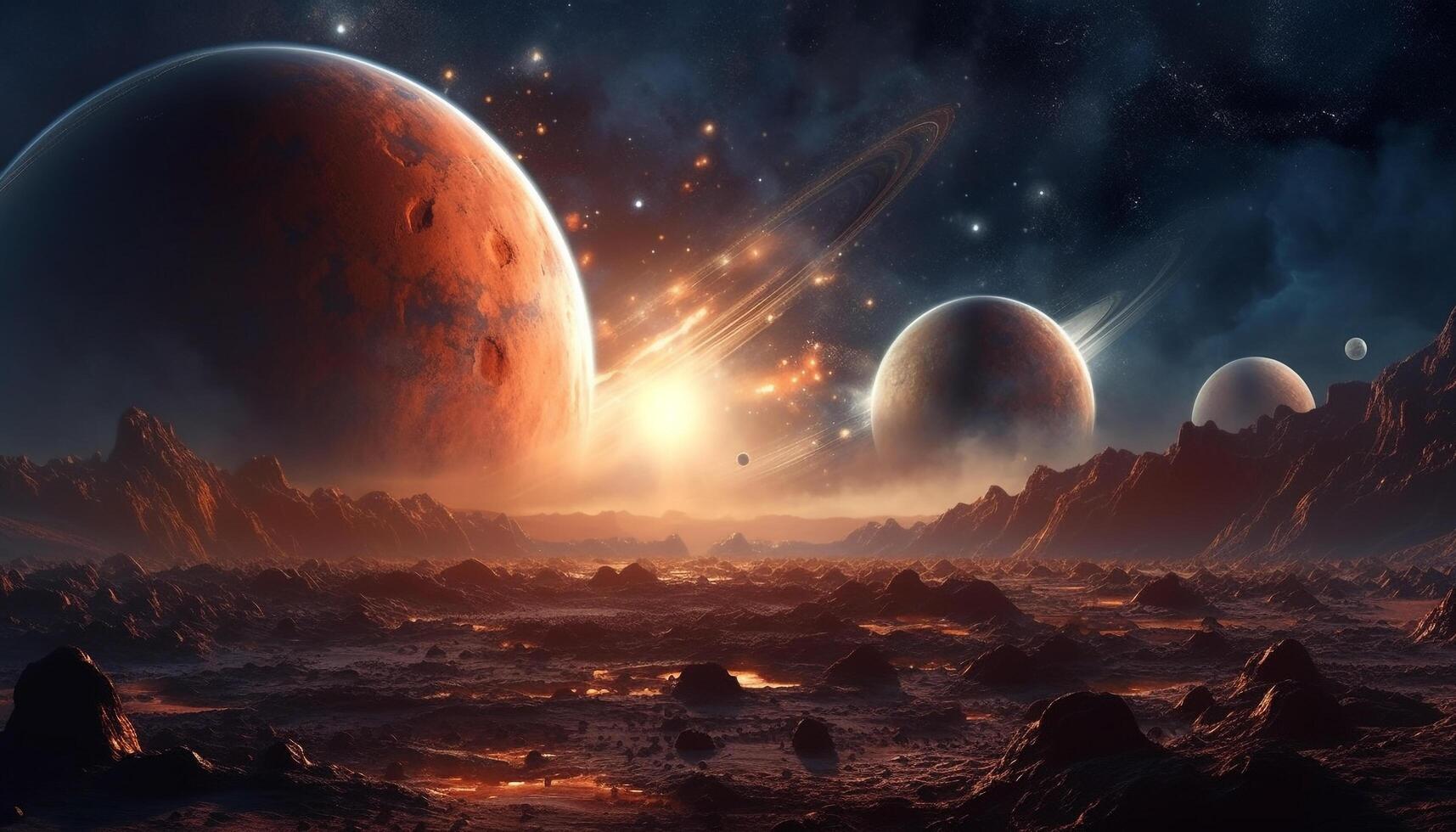 Spaceship orbiting planet in star filled galaxy, a futuristic illustration generated by AI photo