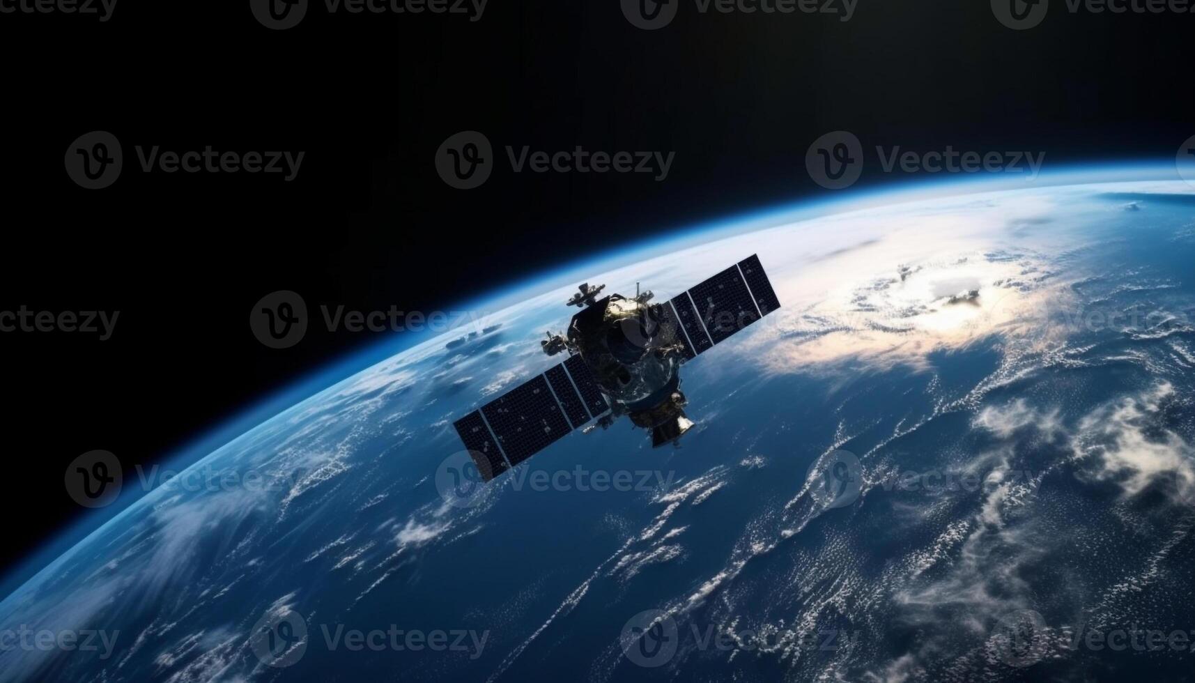 A futuristic spaceship orbits planet Earth, broadcasting global communications generated by AI photo