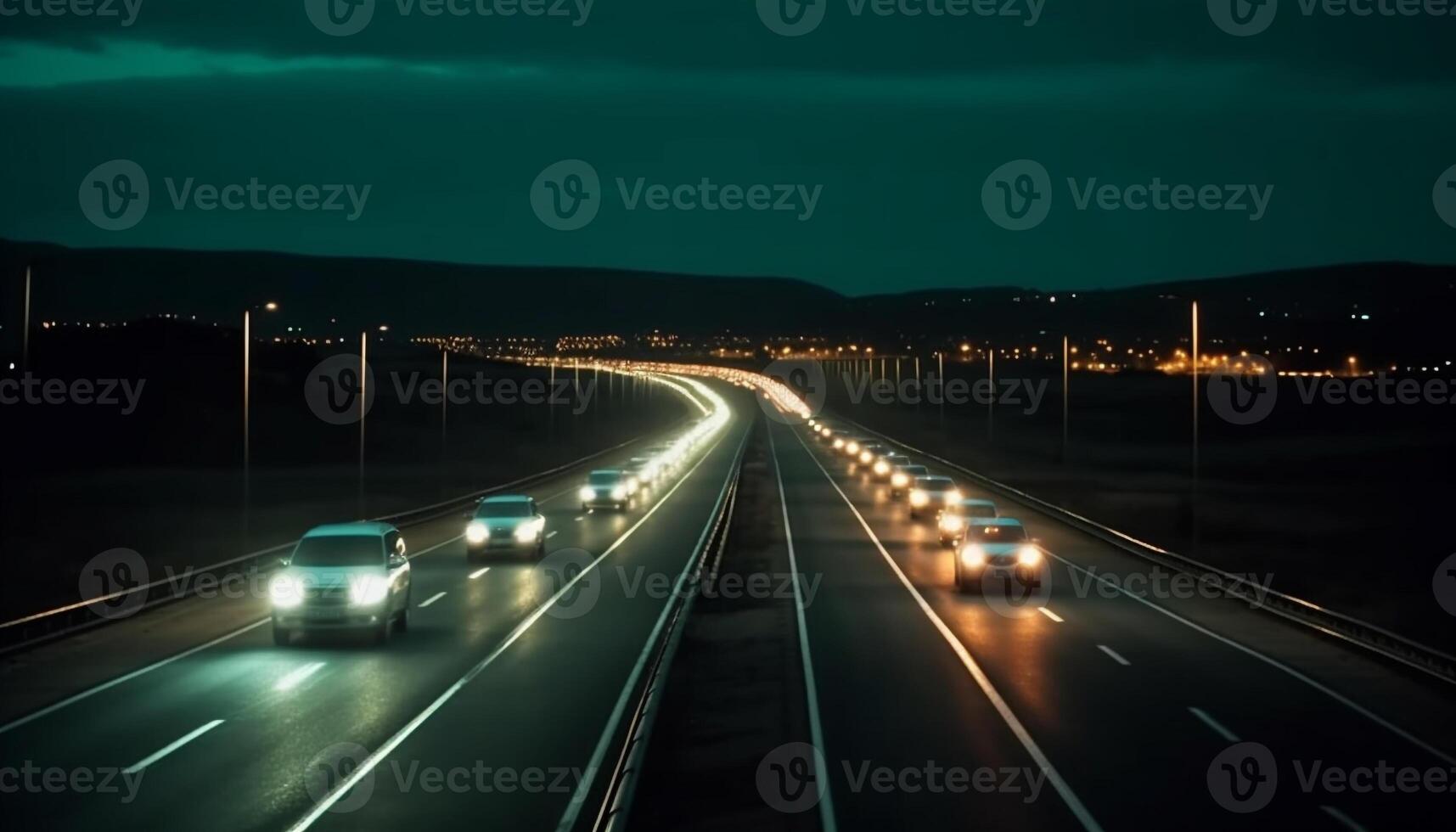 conducción mediante el ciudad a noche, iluminado por faros generado por ai foto