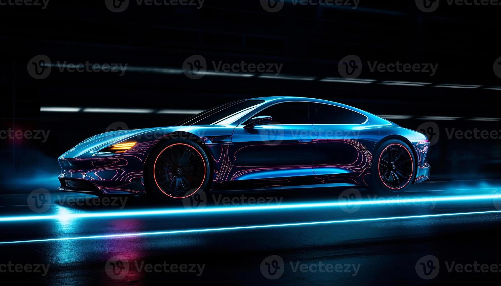 A futuristic sports car races on a glowing motor racing track generated by AI photo