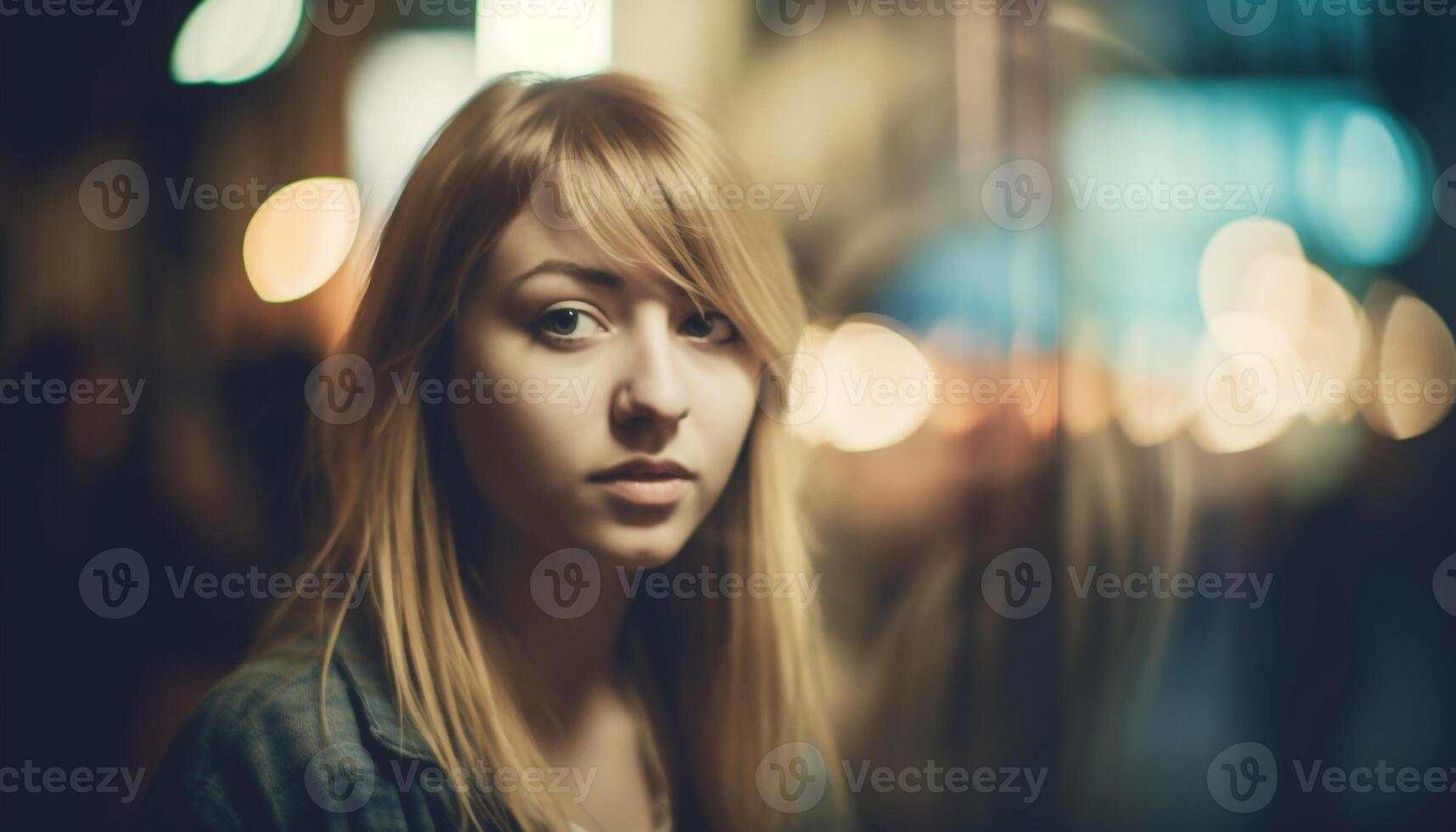 One young woman, illuminated by street light, smiling at camera generated by AI photo