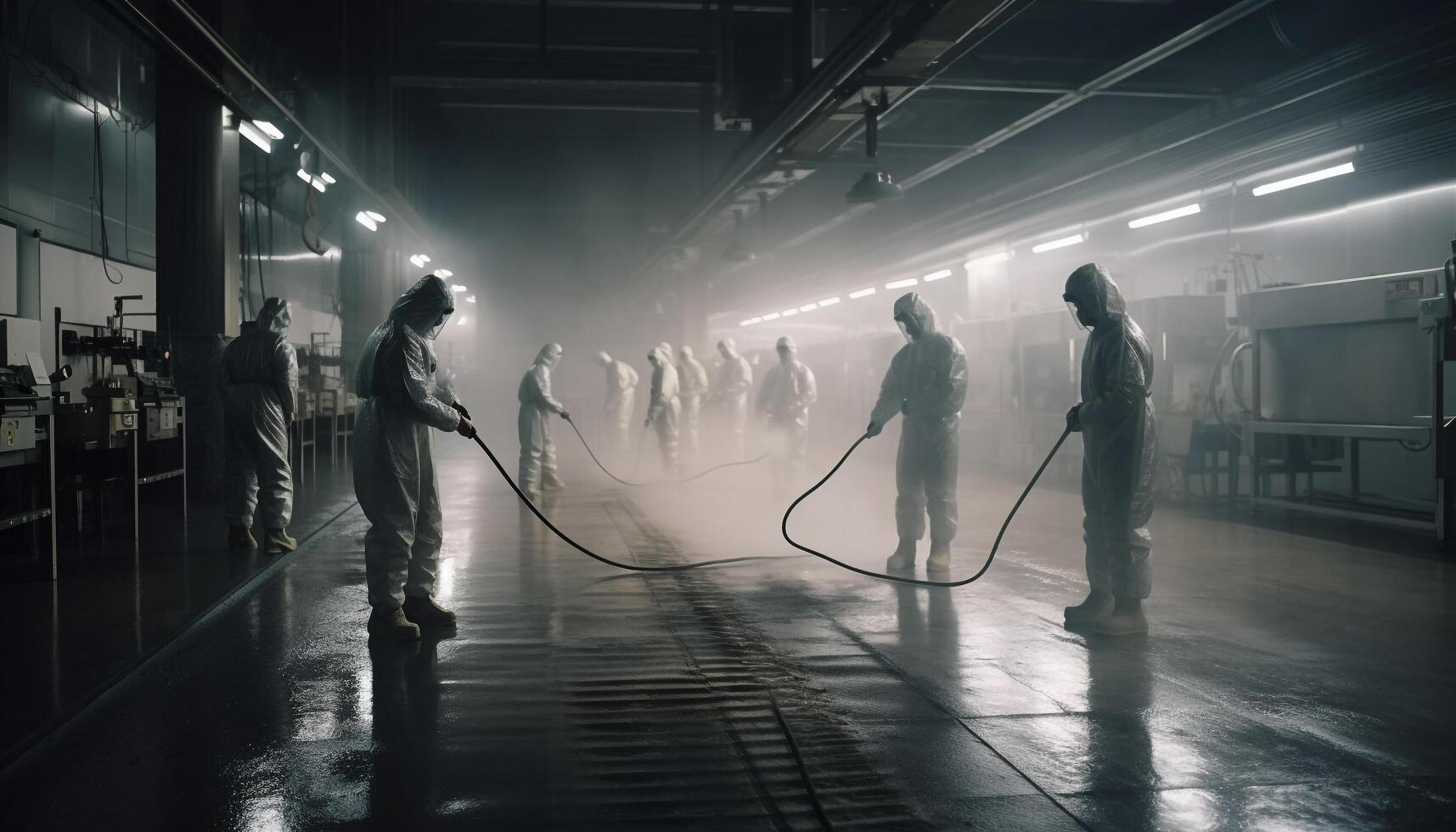 Metal workers in protective gear spray liquid on machinery indoors generated by AI photo