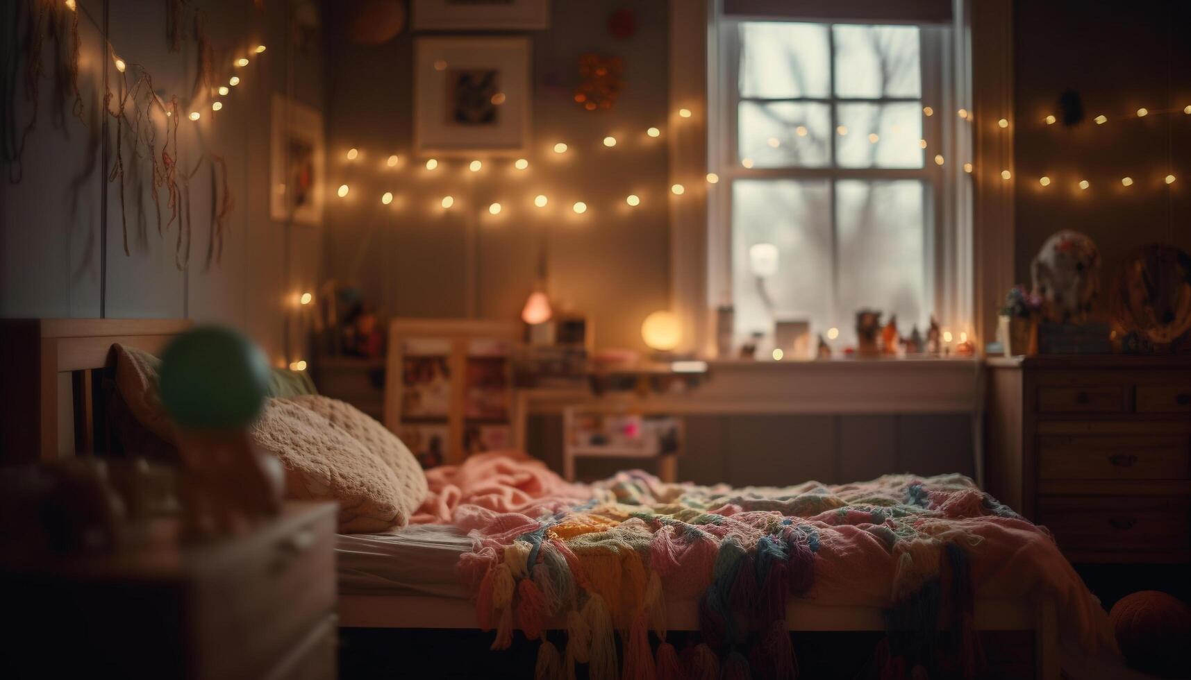 A cozy, modern bedroom with bright Christmas decorations hanging generated by AI photo