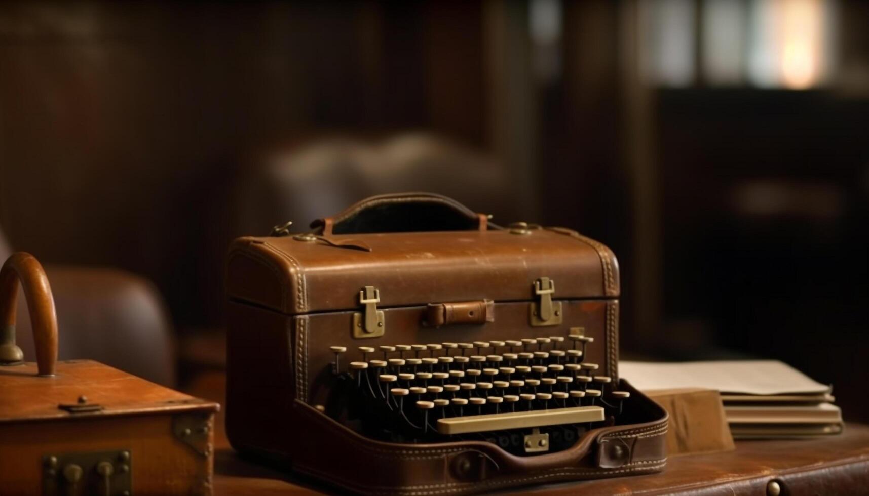 Antique typewriter on rustic table, a nostalgic still life generated by AI photo