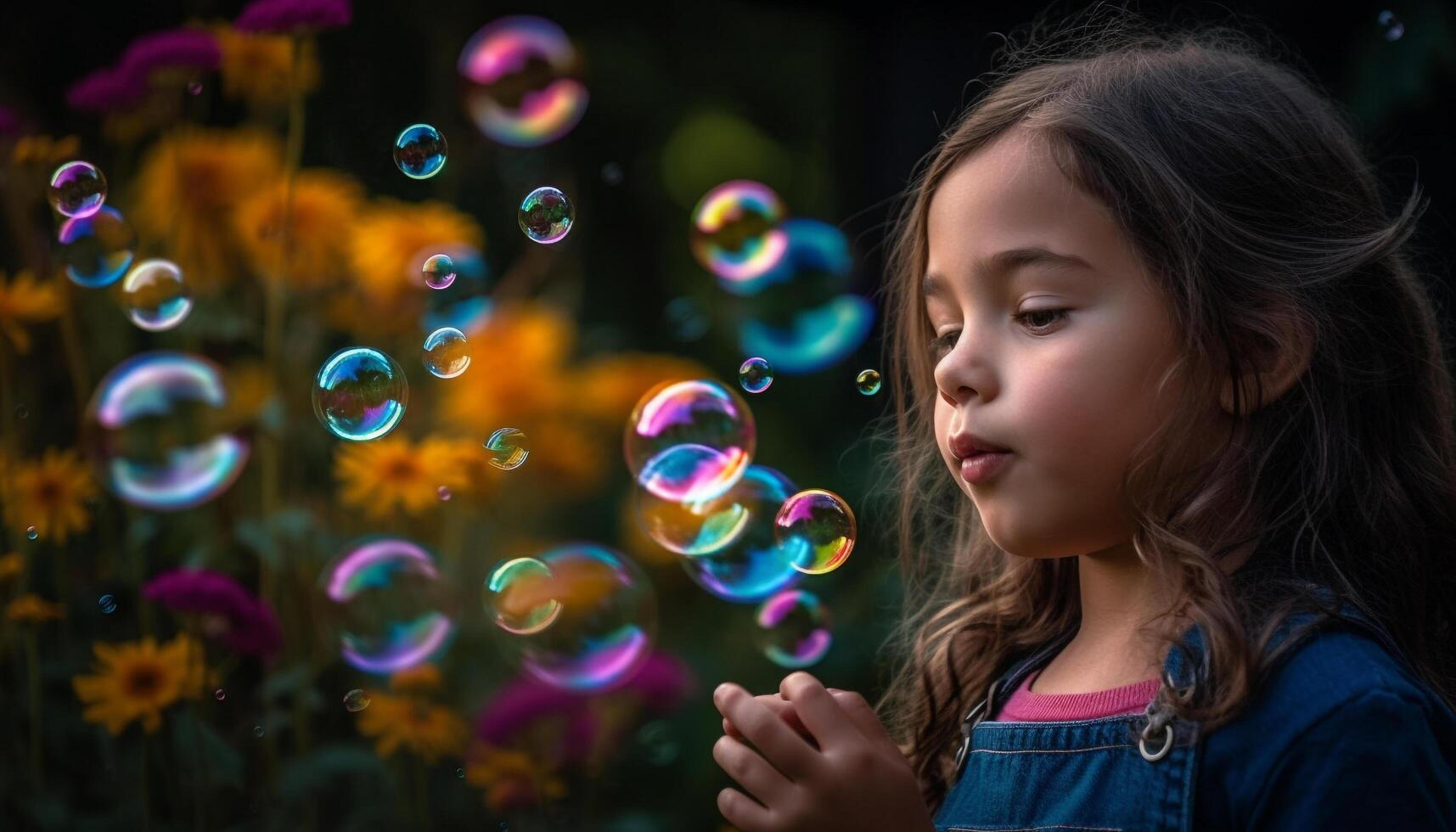 Cheerful girl blowing bubbles, enjoying carefree childhood in nature beauty generated by AI photo