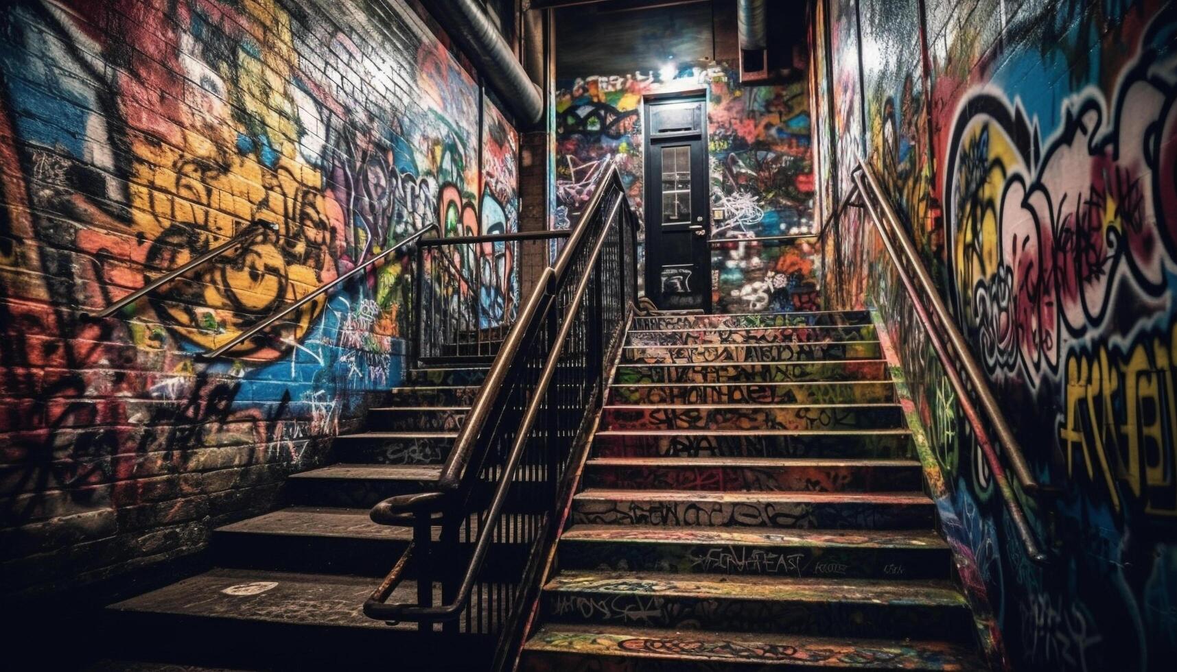 abandonado edificio exterior, destrozado mural, vibrante pintada, moderno juventud cultura generado por ai foto