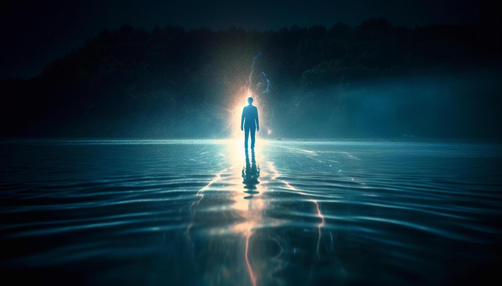 A lone businessman stands in reflection, backlit by the blue mystery generated by AI photo