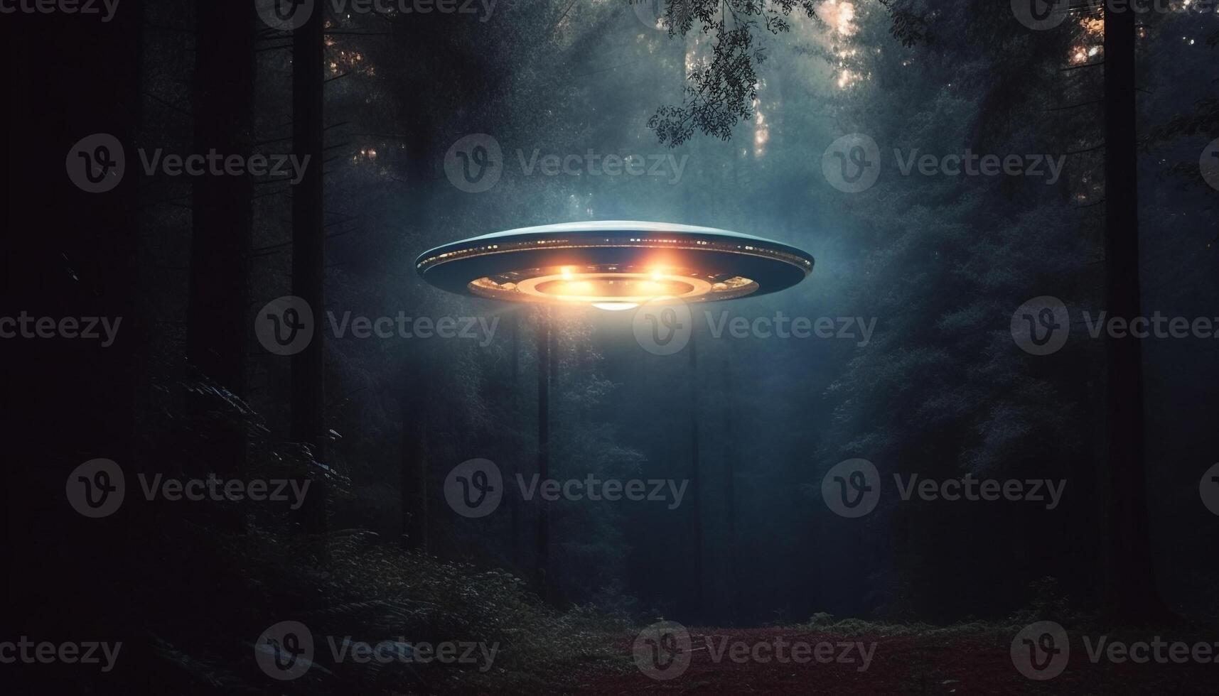 Futuristic spaceship flies through spooky forest, illuminated by moonlight generated by AI photo