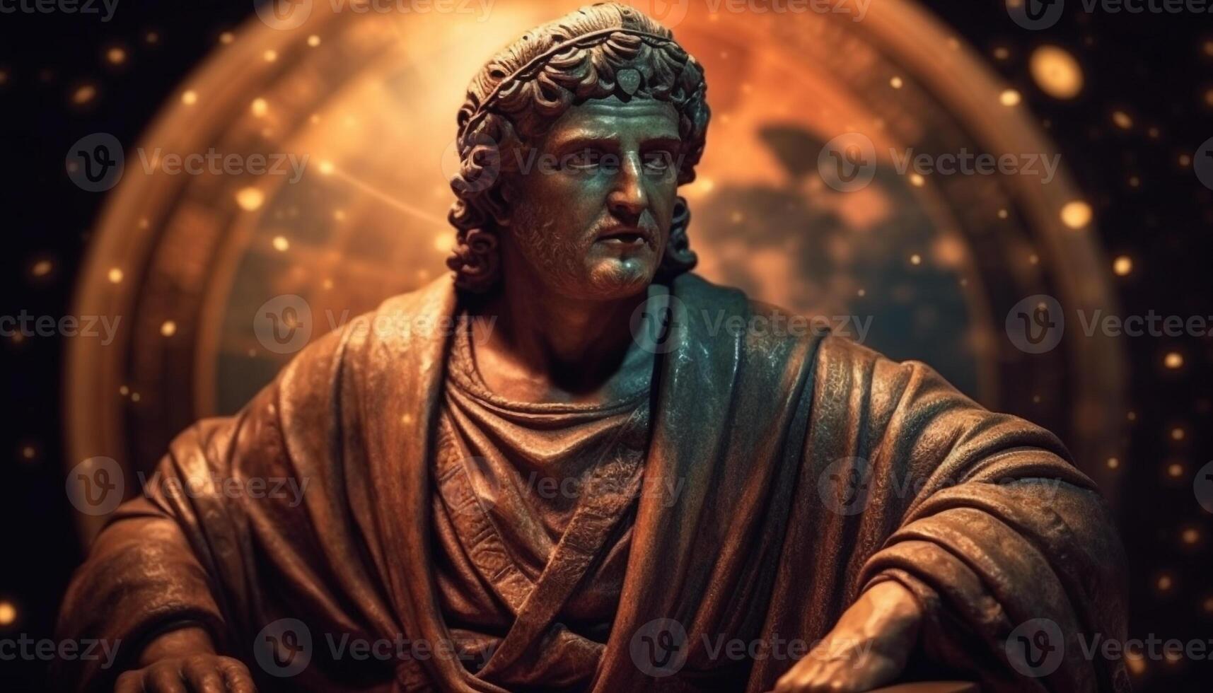 The ancient sculpture of a male likeness meditating in darkness generated by AI photo